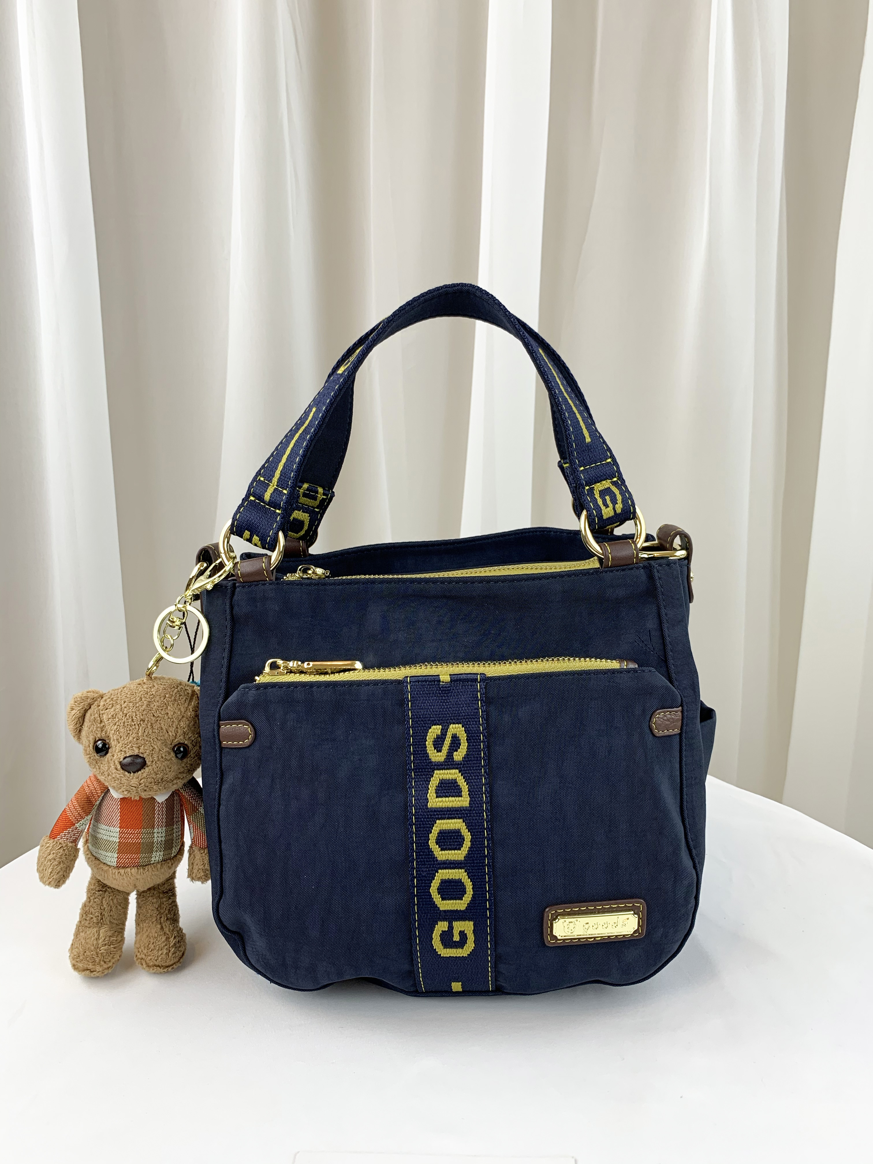 GOODS 織帶黃藍 丹寧防潑水手提包 / 側背包 附小熊吊飾 #2527