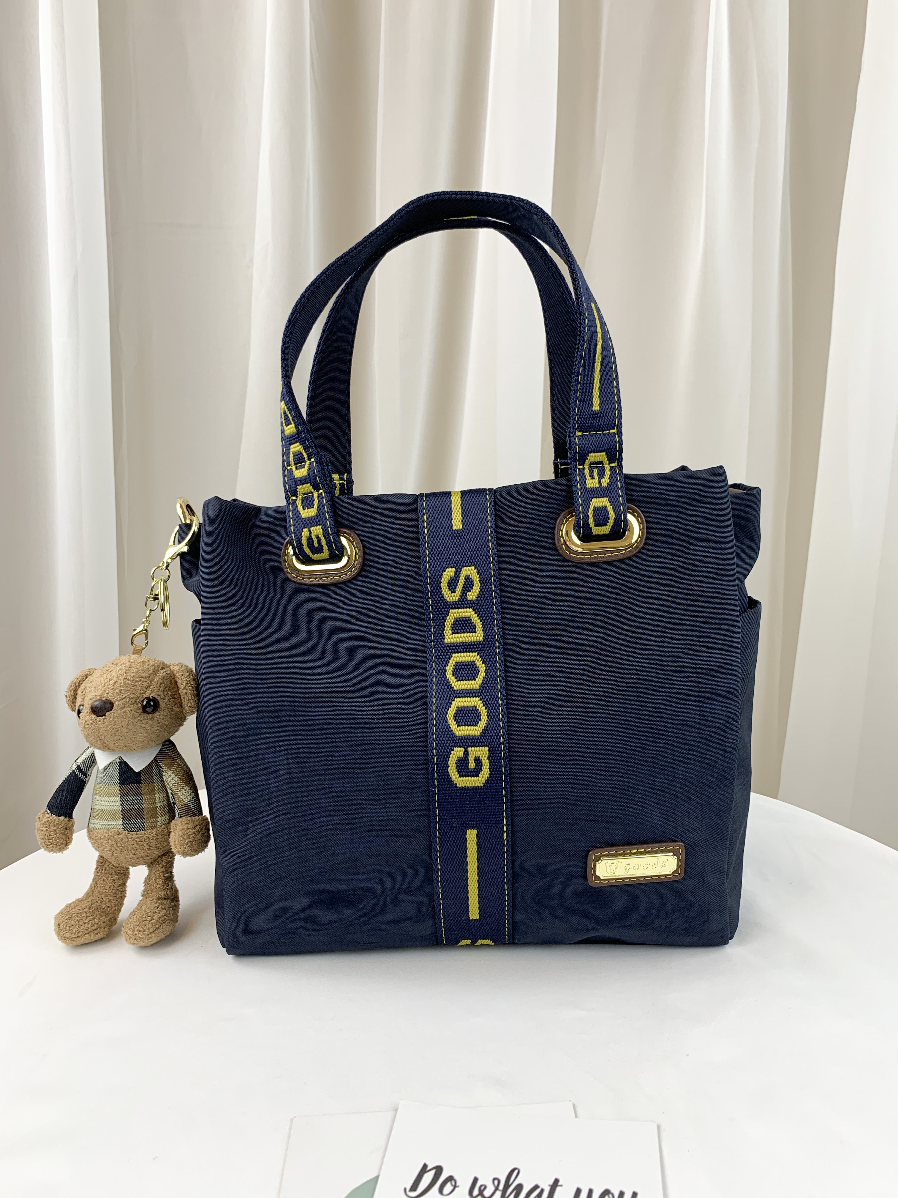 GOODS 織帶黃藍 丹寧防潑水手提包 / 側背包 附小熊吊飾 #2650
