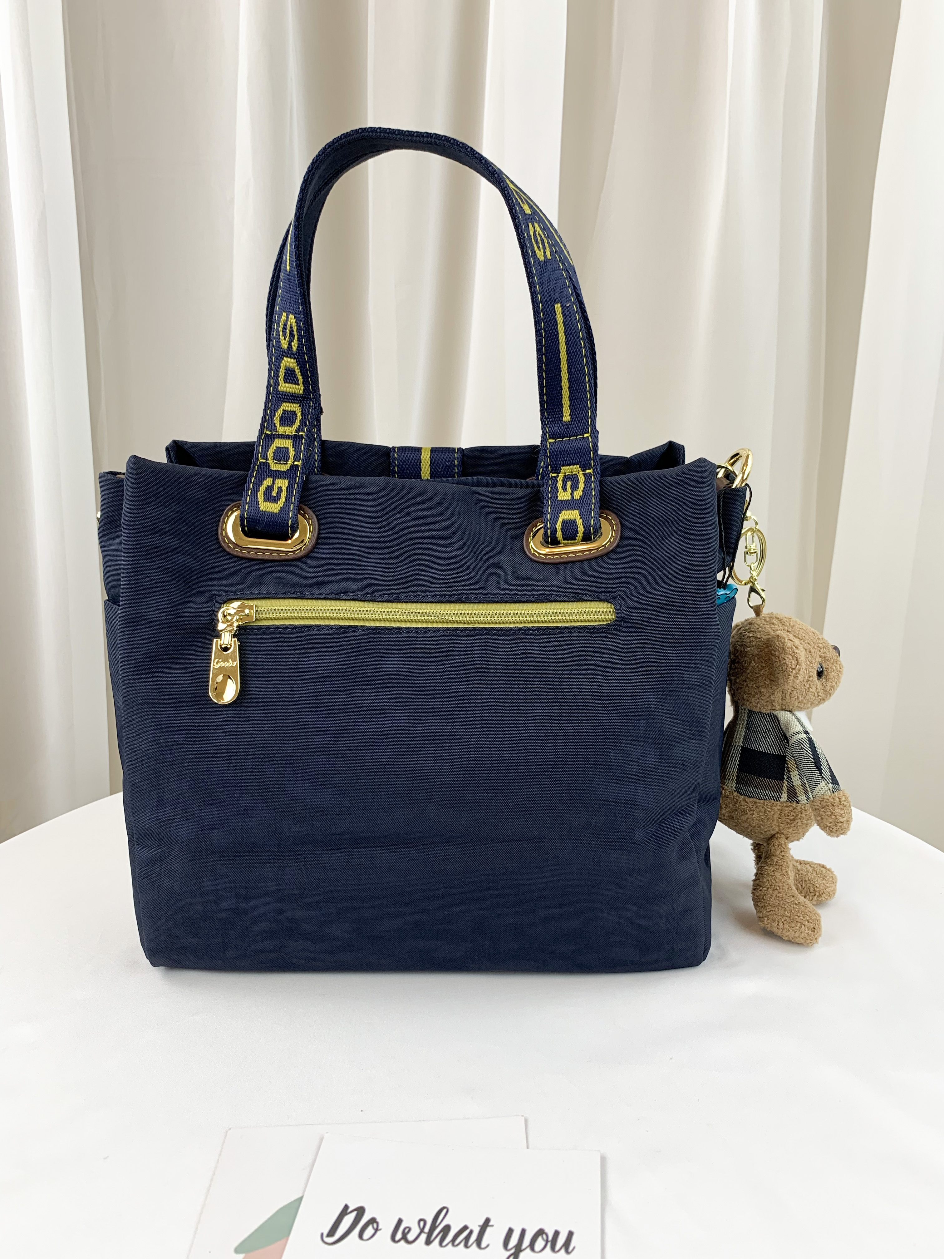 GOODS 織帶黃藍 丹寧防潑水手提包 / 側背包 附小熊吊飾 #2650