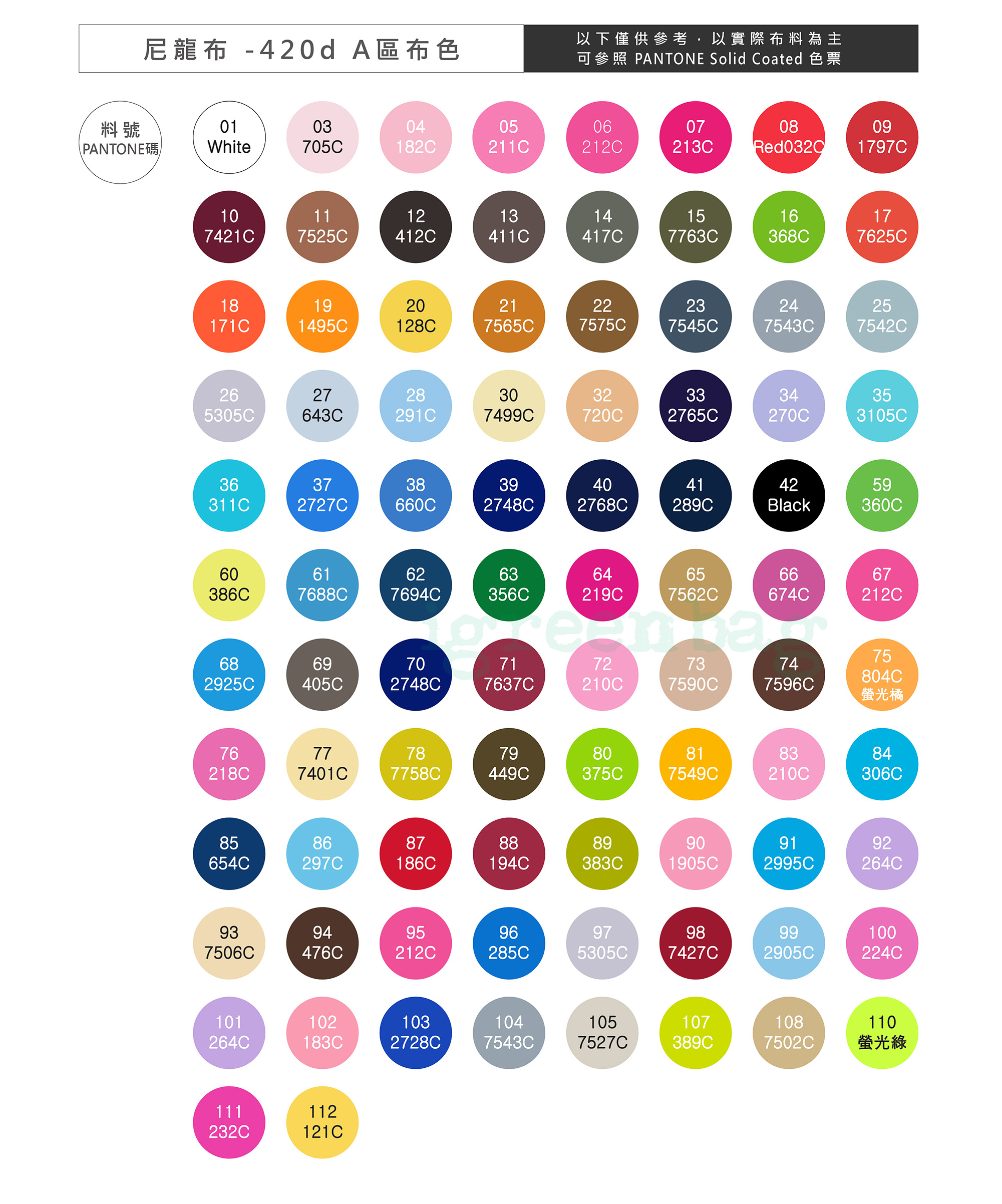 尼龍布布色卡號碼對應PANTONE色