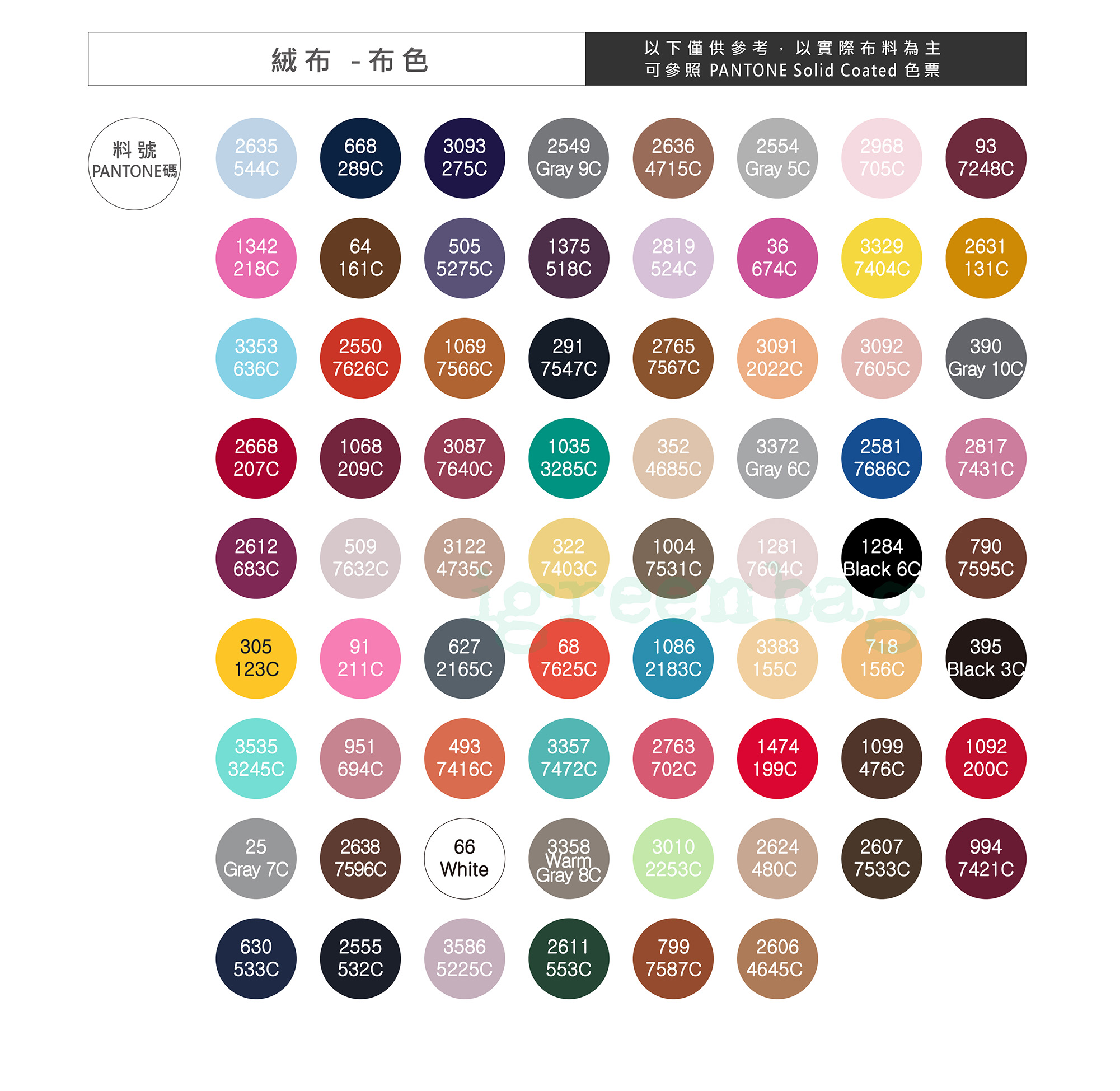 絨布色卡號碼對應PANTONE色