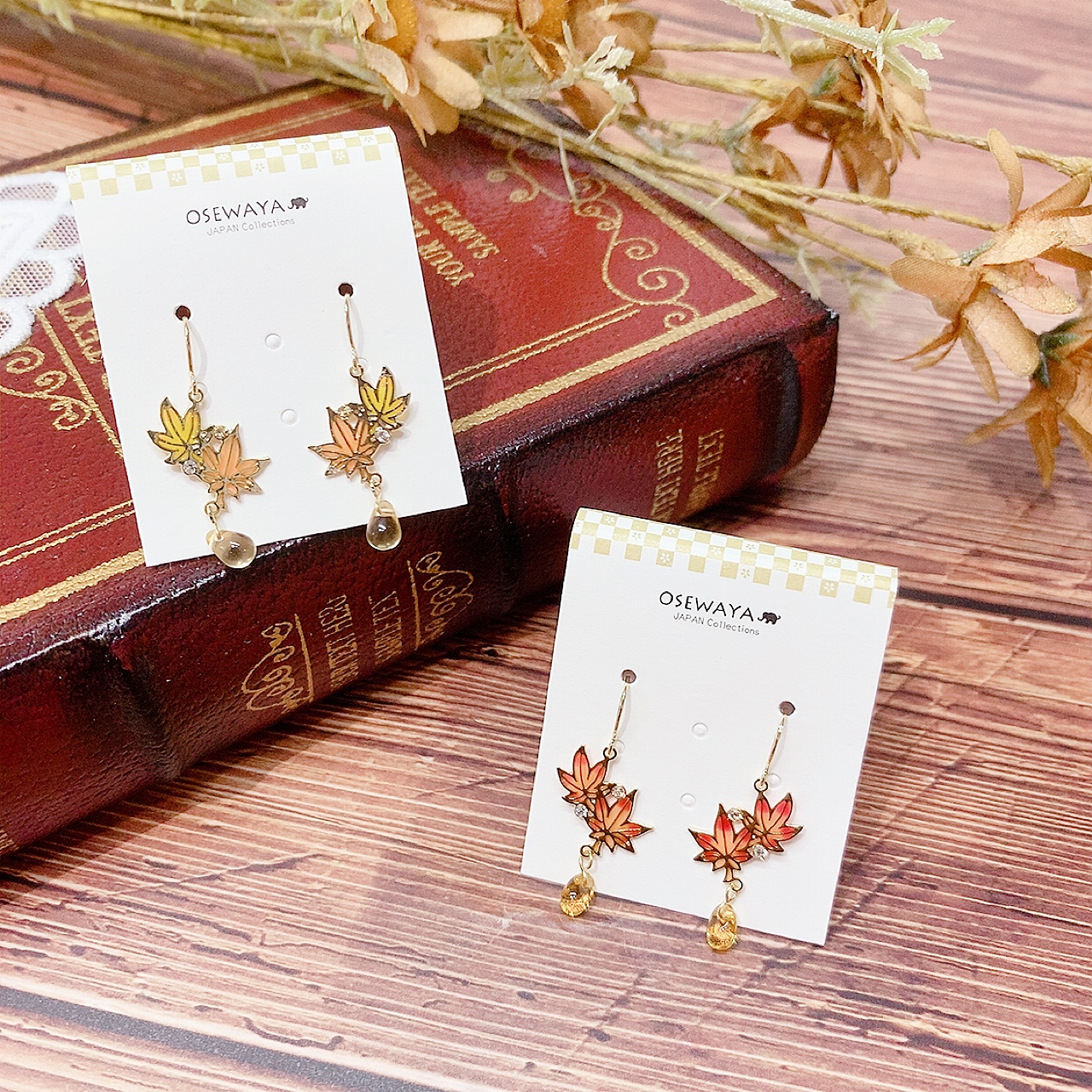 [日本制] 紅葉水滴耳環