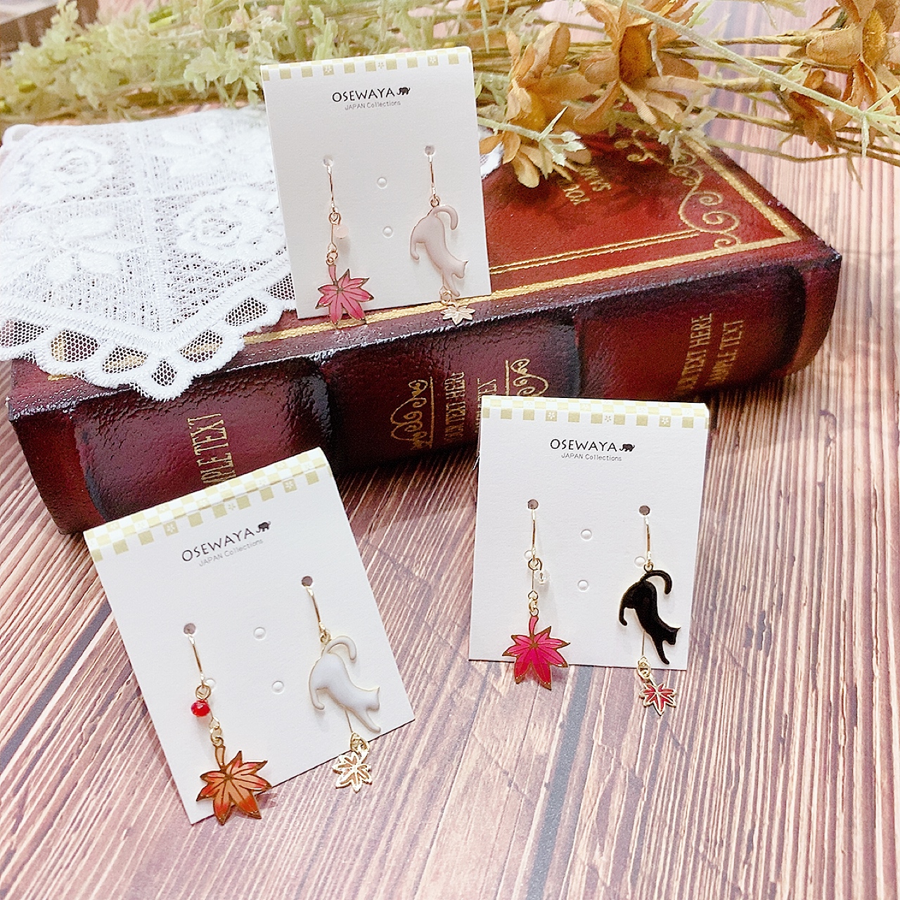 [日本制] 貓咪與紅葉耳環