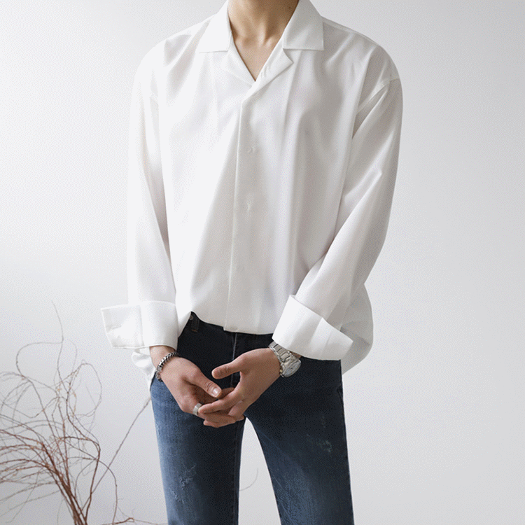 寬鬆素面亨利領長袖襯衫 / 白 / 不提供退換貨