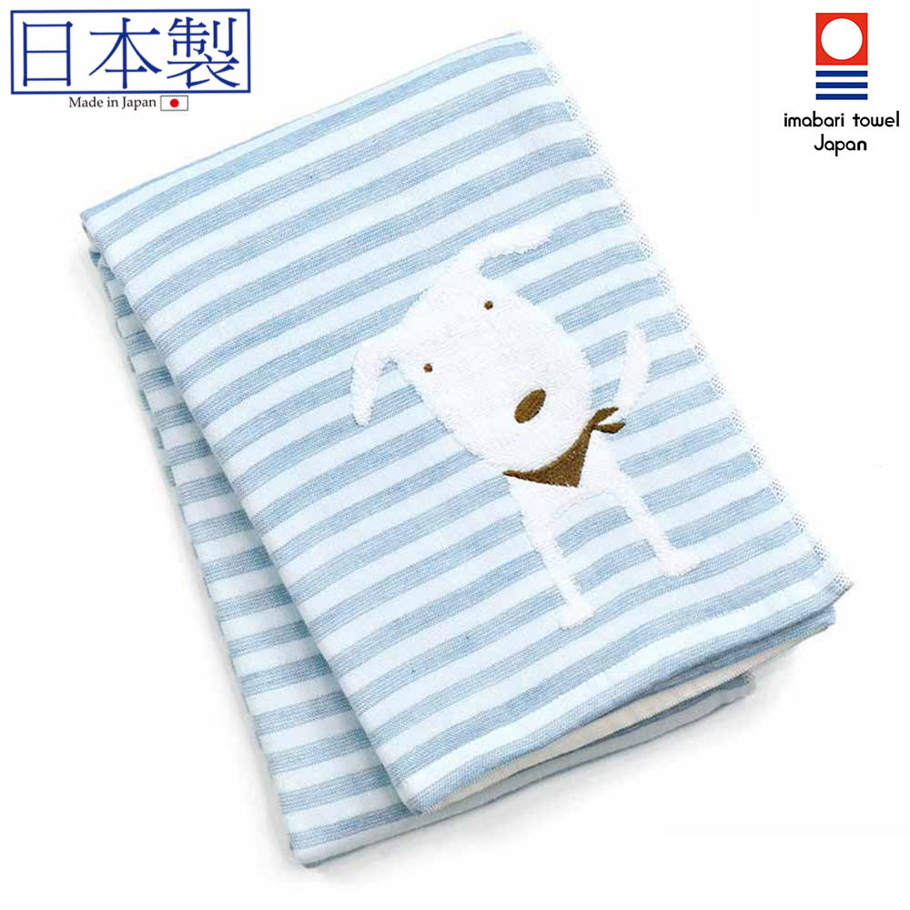 日本今治xSelbie Pon白犬 絨毛拼紗巾雙面大浴巾 (粉藍) 60x120 (日本製)