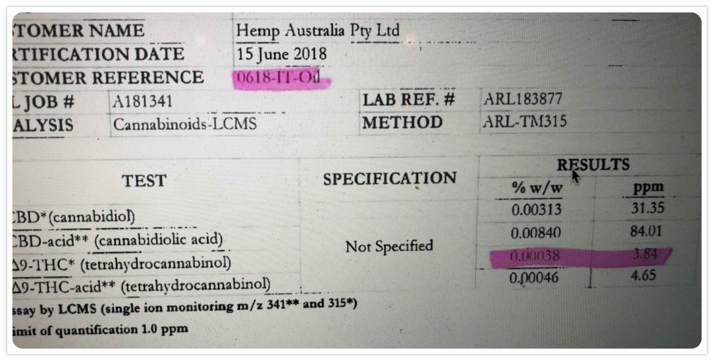 THC 含量小於 10 PPM 的檢驗報告截圖