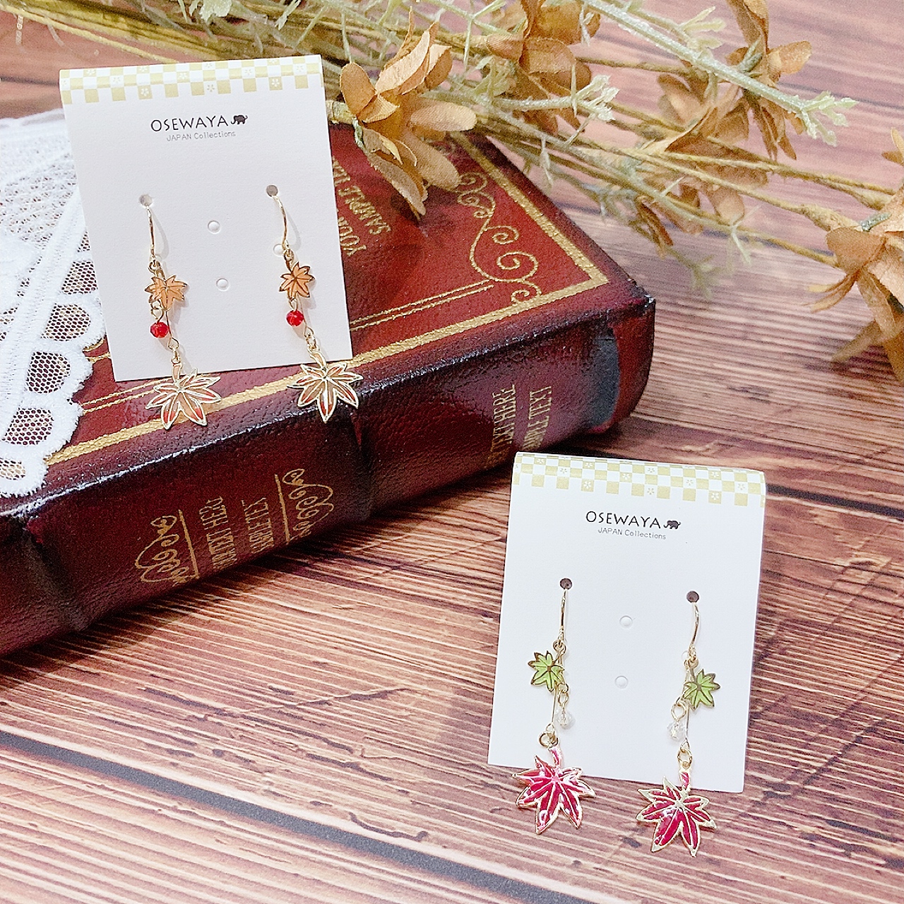 [日本制] 搖擺垂下的紅葉耳環