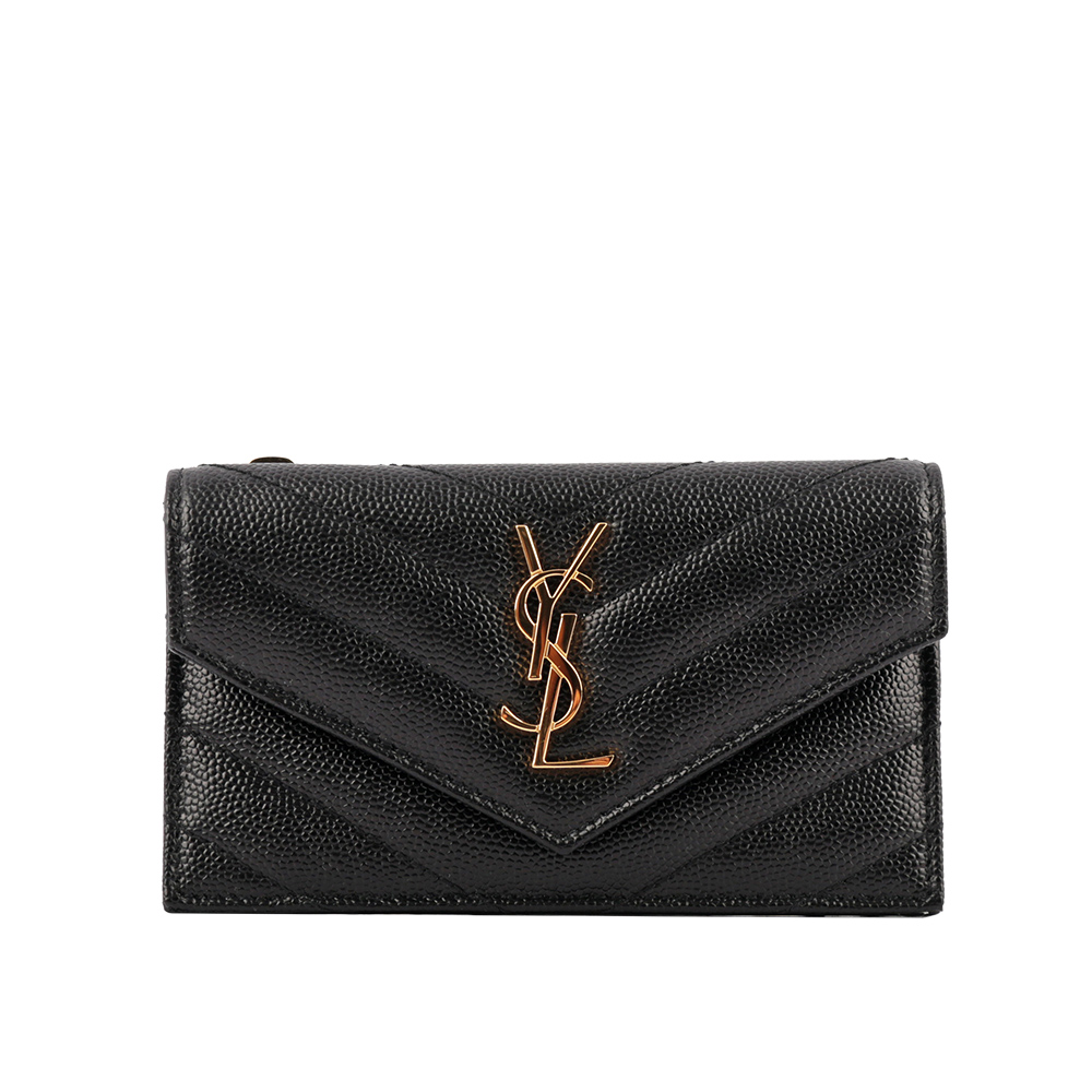 【YSL/ Saint Laurent Paris】山形紋荔枝皮金字logo卡片/零錢夾