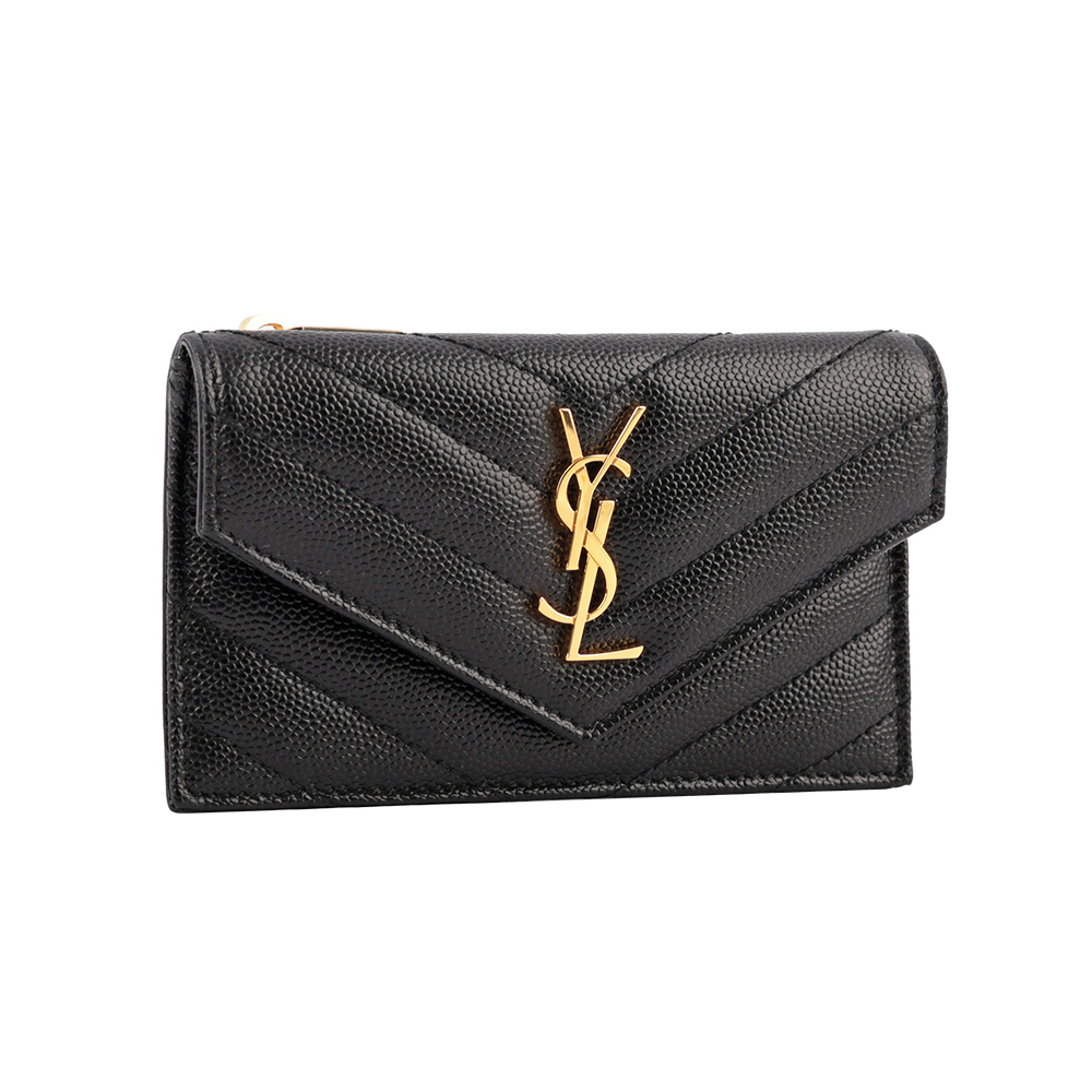【YSL/ Saint Laurent Paris】山形紋荔枝皮金字logo卡片/零錢夾