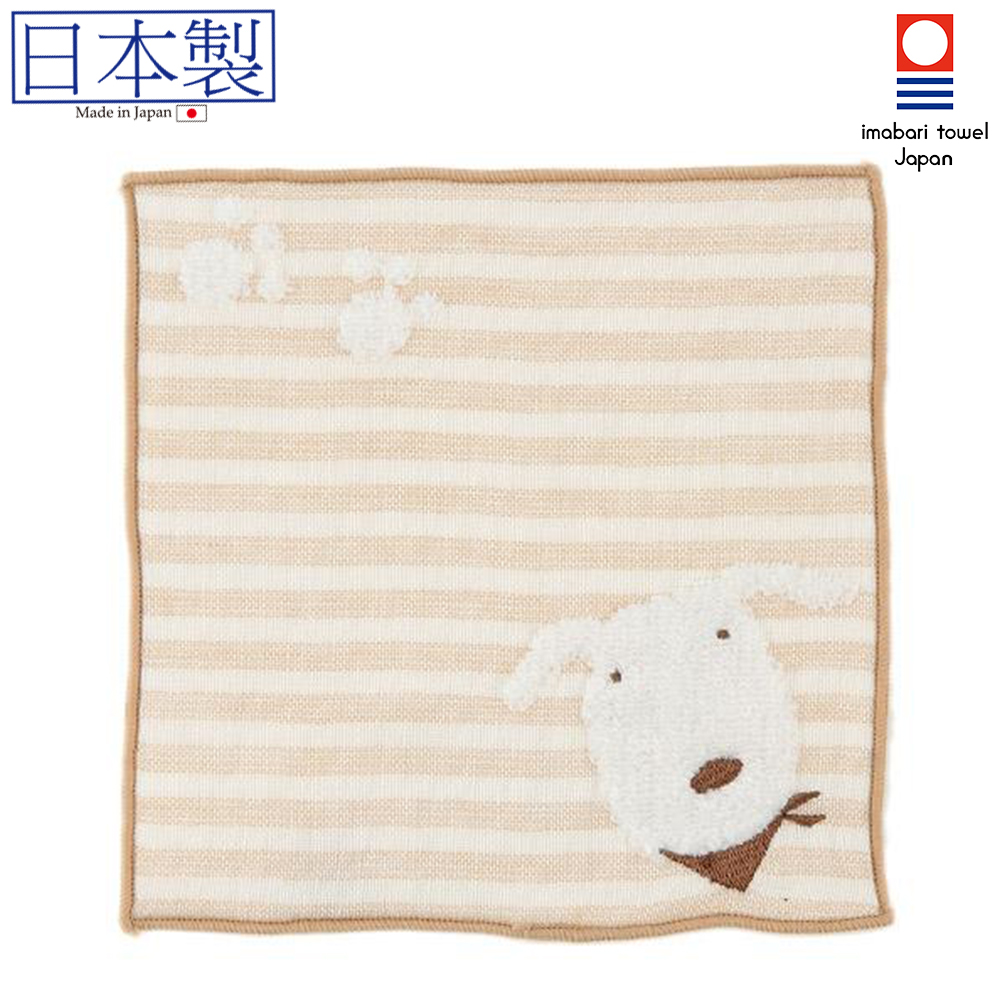 日本今治xSelbie Pon白犬 絨毛拼紗巾雙面小方巾 (米色) 15x15 (日本製)
