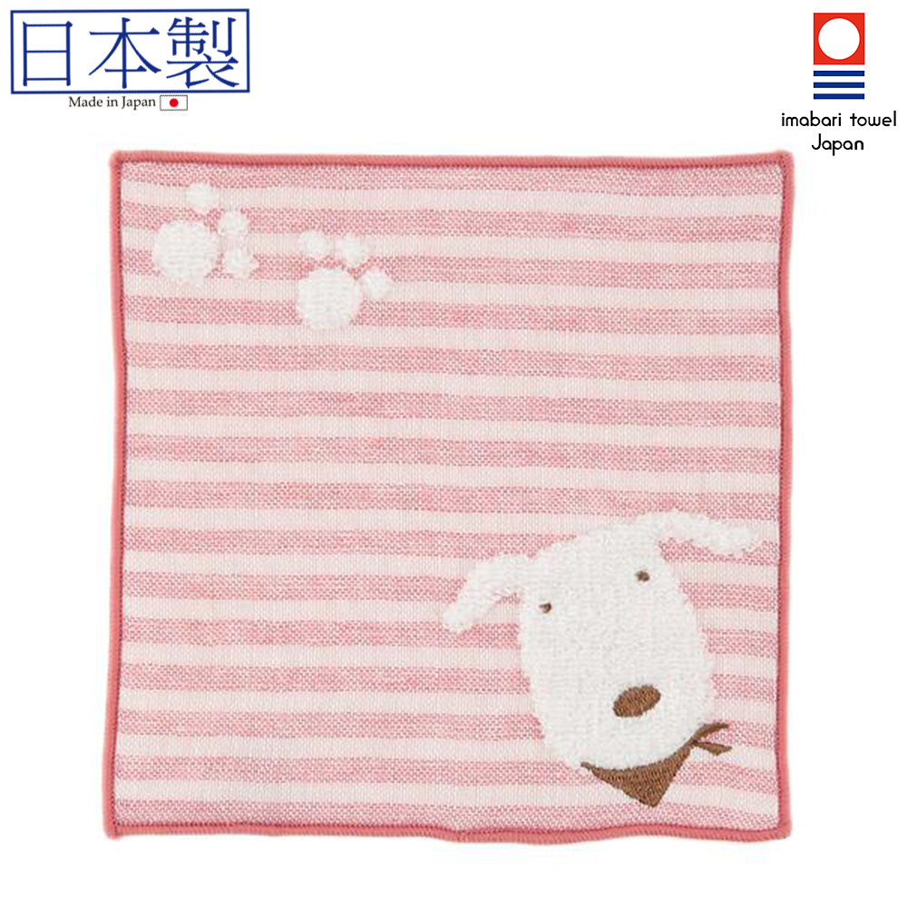日本今治xSelbie Pon白犬 絨毛拼紗巾雙面小方巾 (粉紅) 15x15 (日本製)