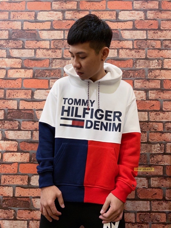 Tommy Hilfiger Denim 拼接撞色 字母國旗 內刷毛 帽T 連帽上衣