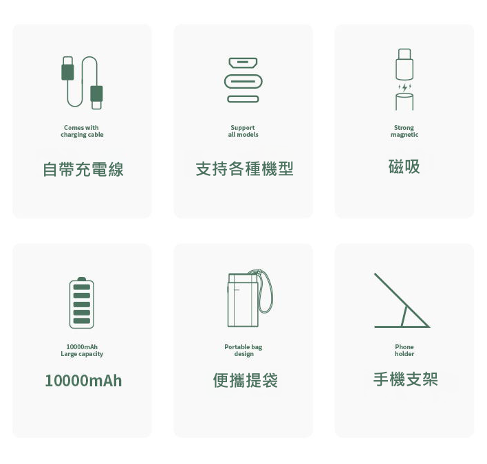 Oatsbasf 10000mAh PD快充移動電源，移動電源+ 自帶磁吸充電線+支架三合一