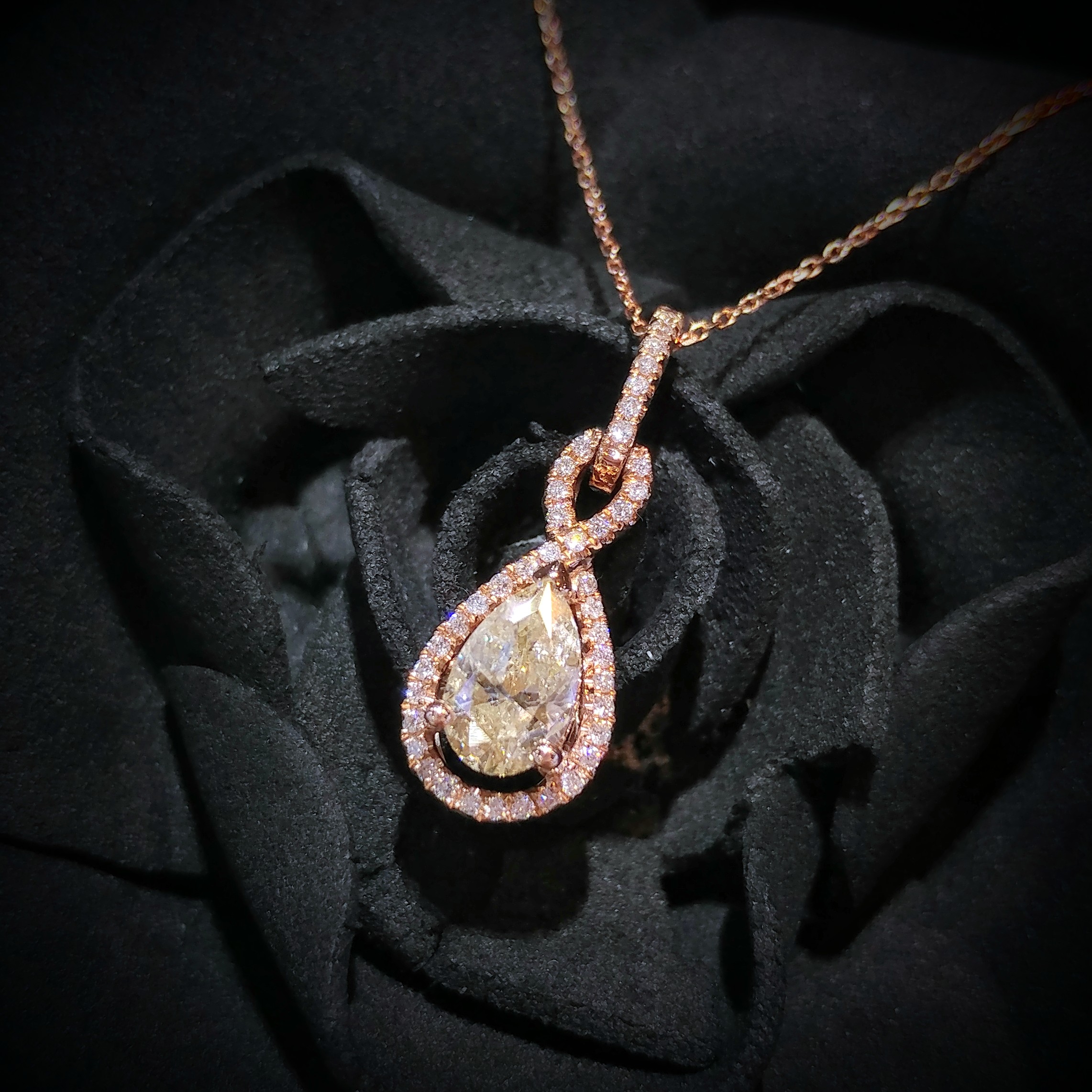 18K Rose Gold 0.92ct Light Brown Pear Shaped Diamond Pendant