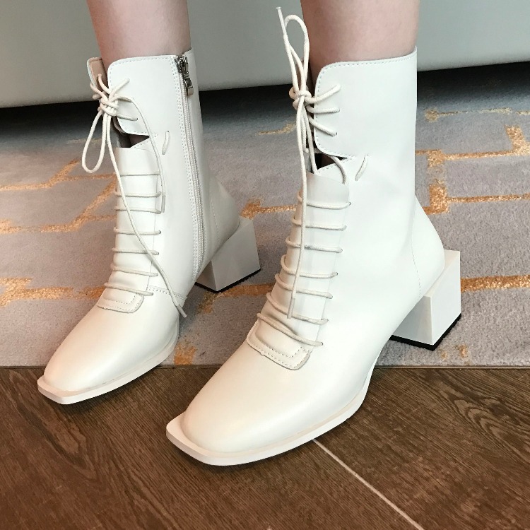 個性款_方根綁帶短靴 (35-39) (白/黑)