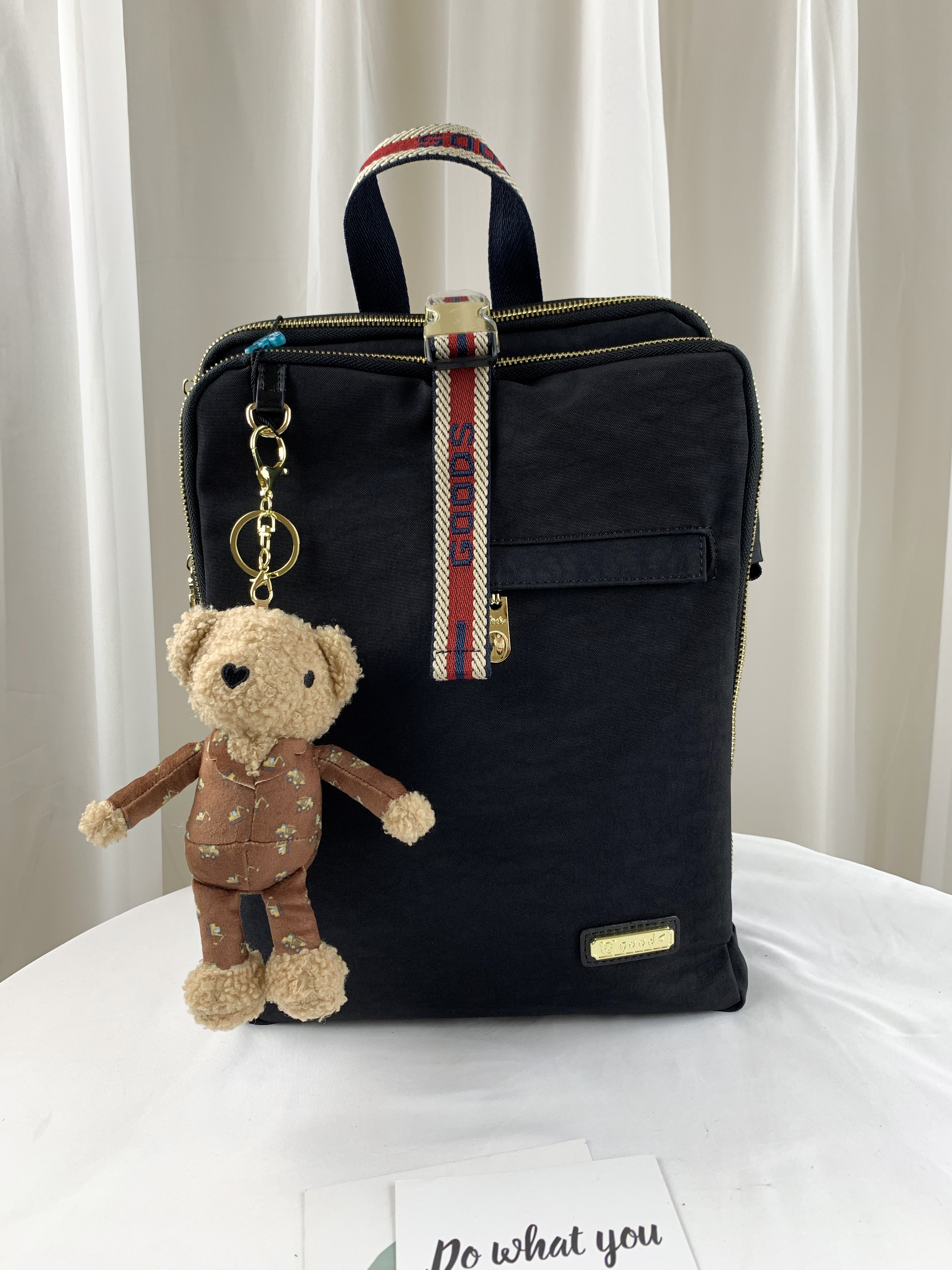 GOODS 織帶黑 水洗紋三明治後背包 附小熊吊飾 #2721