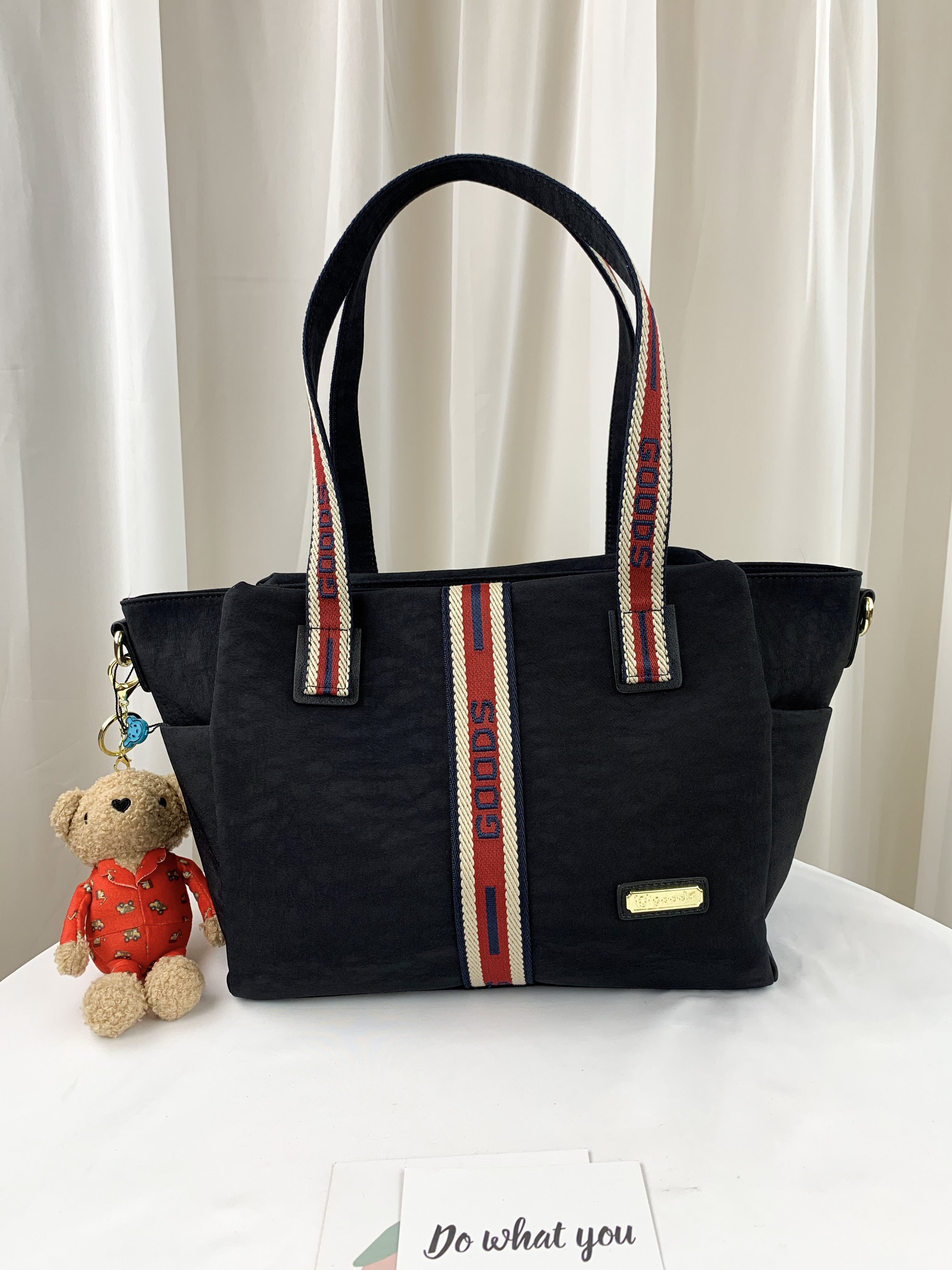 GOODS 織帶黑 水洗紋防潑水手提包 / 側背包 附小熊吊飾 #2739