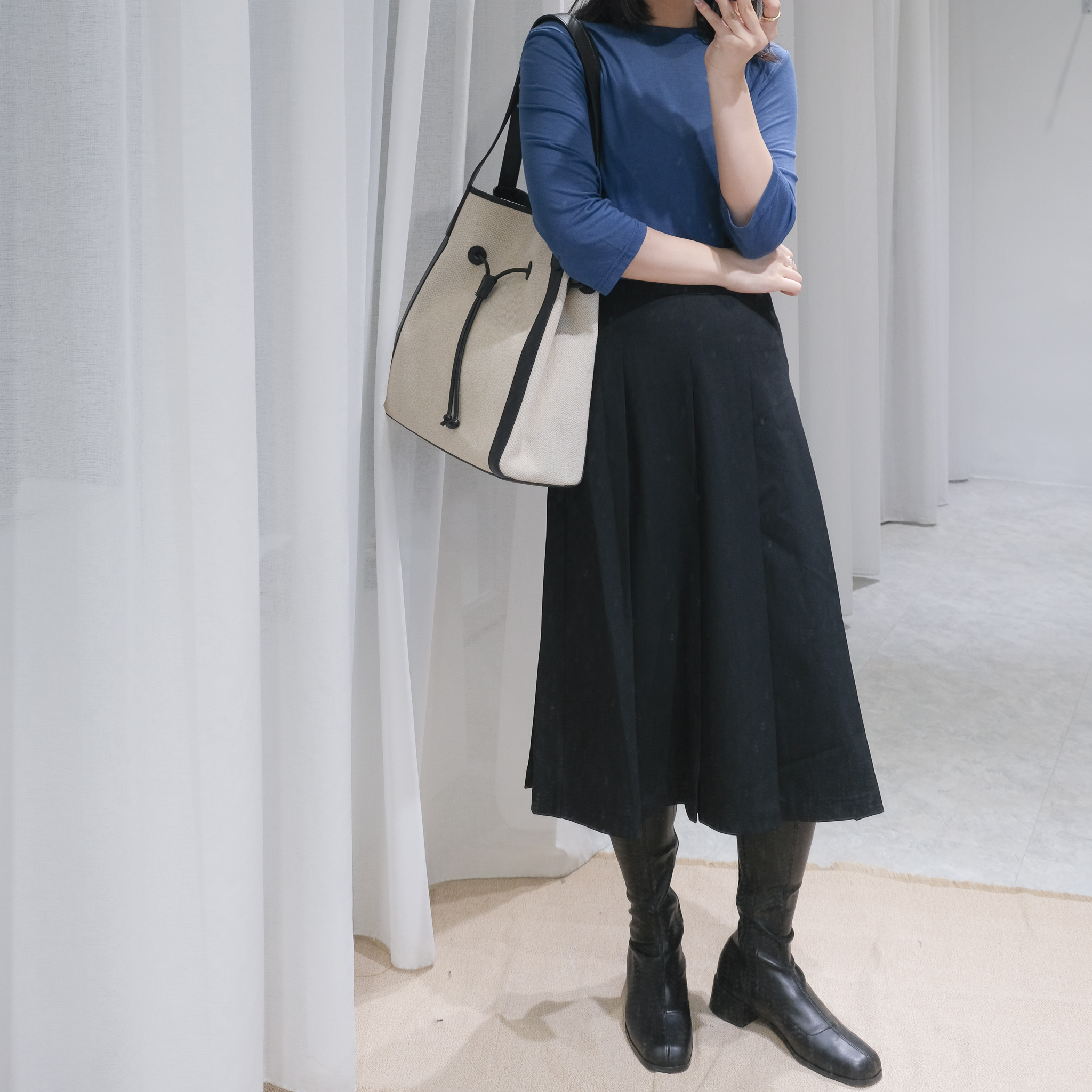 經典黑寬百褶及膝裙(SM)