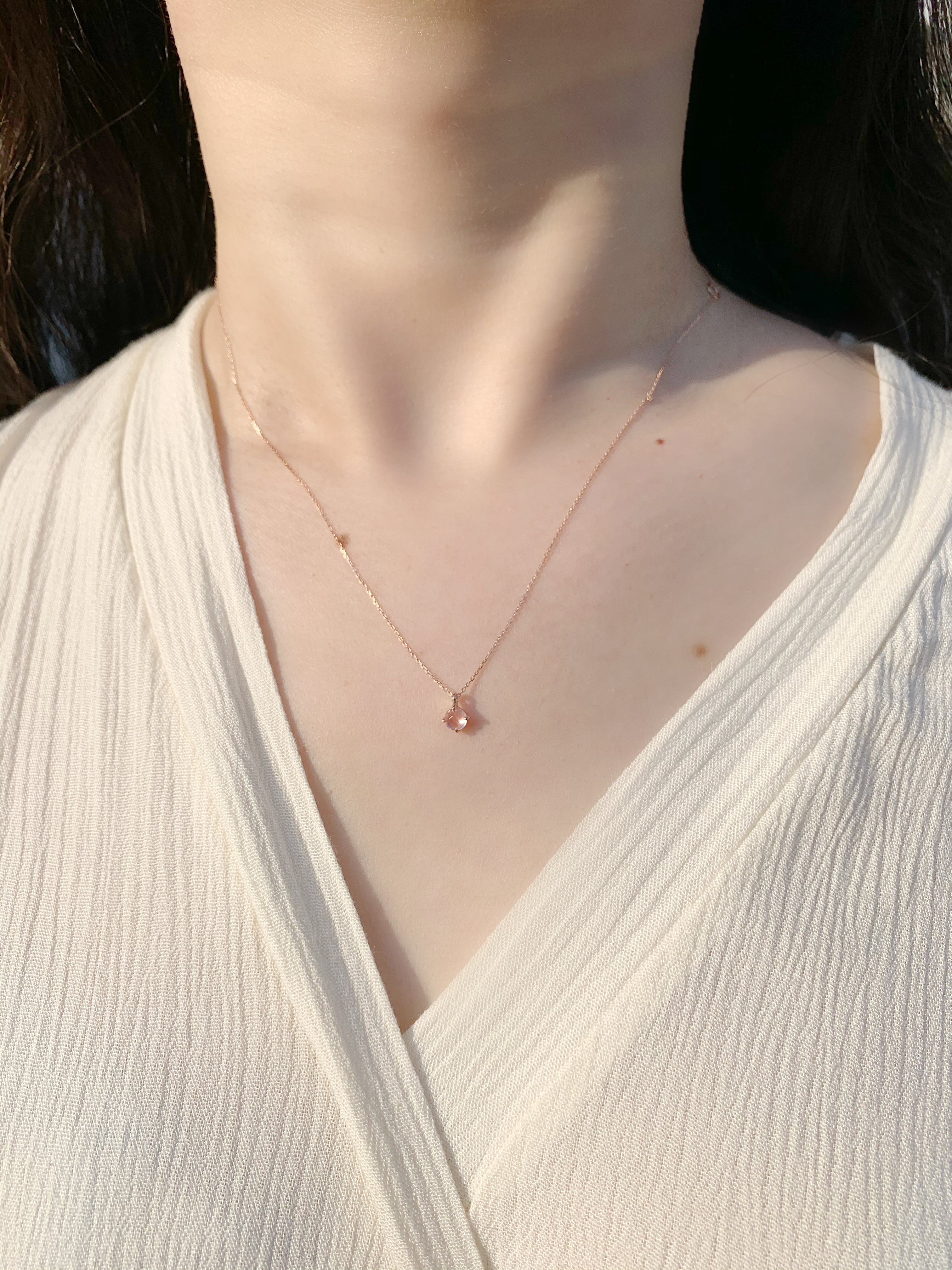 14k棋盤切割粉晶鎖骨鍊