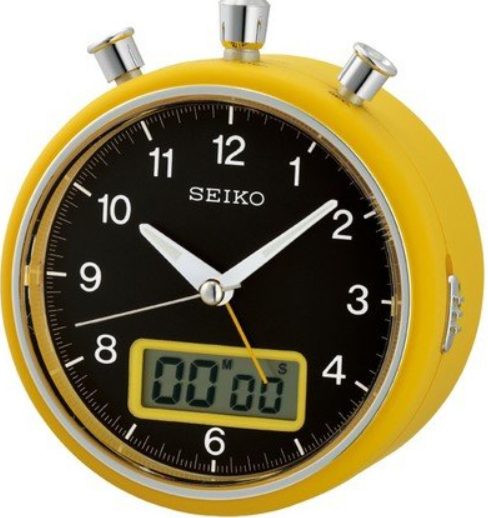 萬年鐘錶 - SEIKO 計時鬧鐘  黃色黑面 QHE114Y    直徑10.6CM