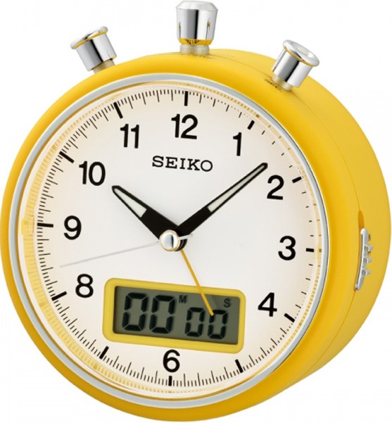 萬年鐘錶 - SEIKO 計時鬧鐘  黃色白面 QHE114E    直徑10.6CM