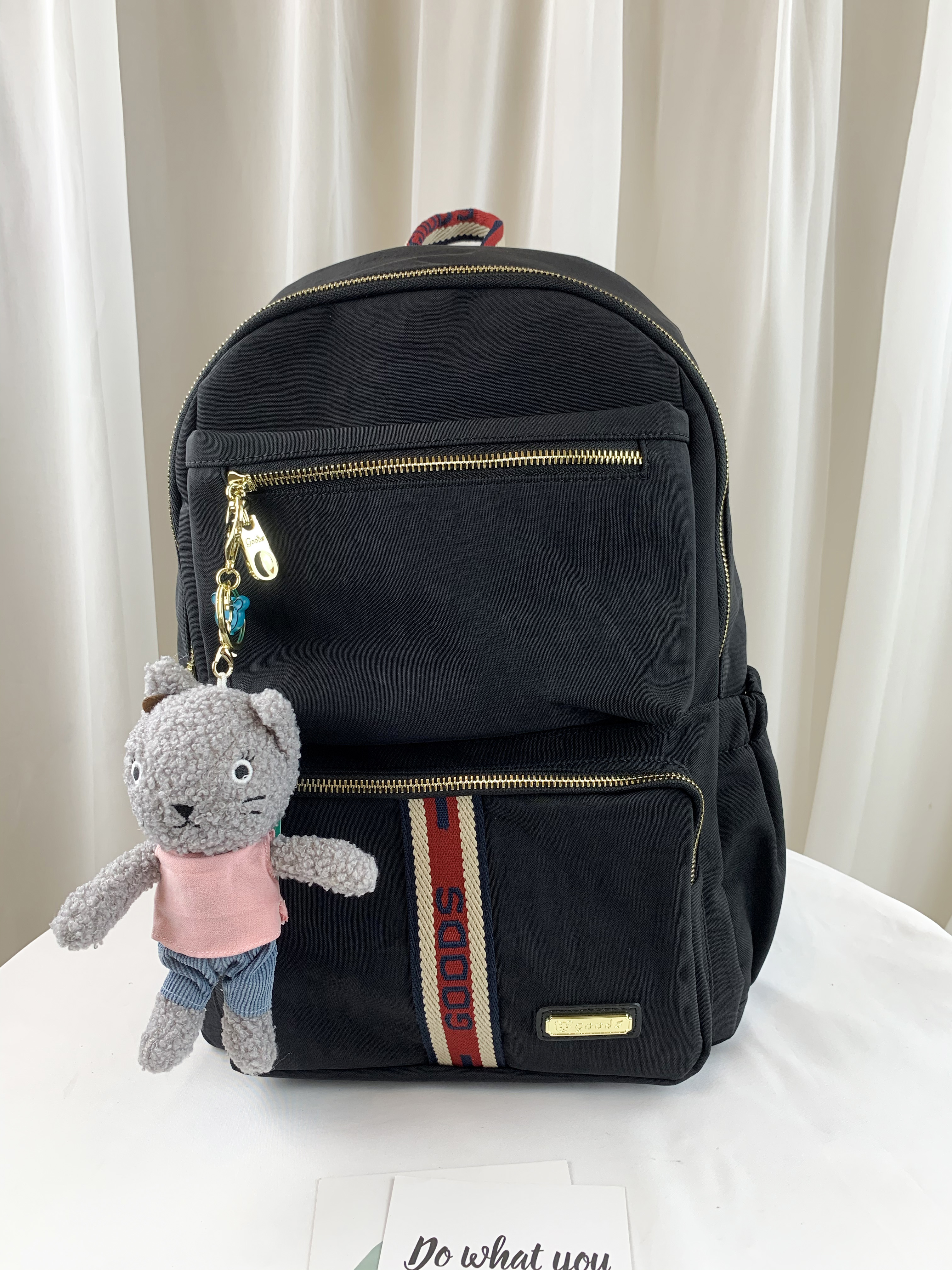 GOODS 織帶黑 運動風防潑水後背包 附小熊吊飾 #2627