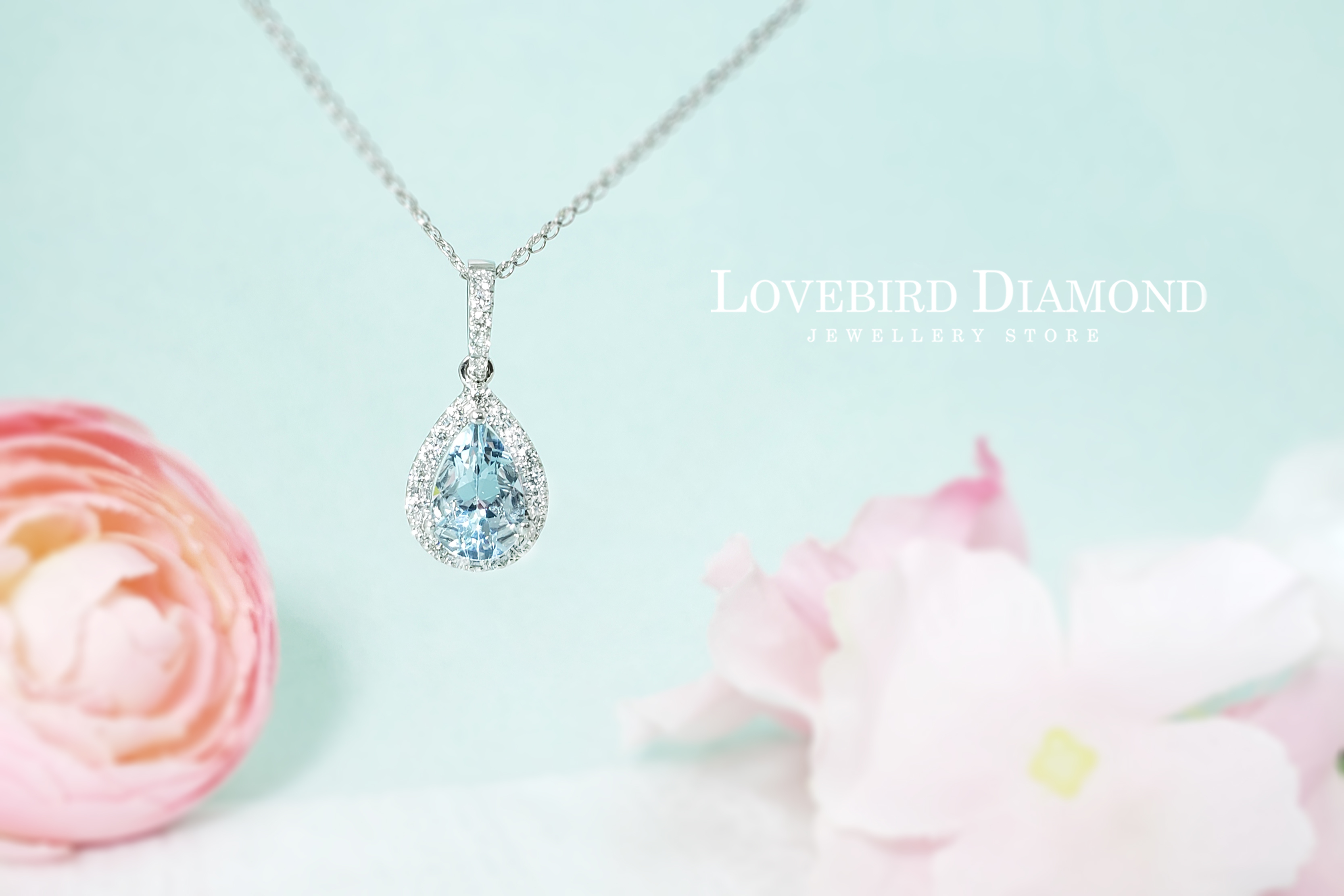 18K白金天然鑽石梨形海藍寶吊墜