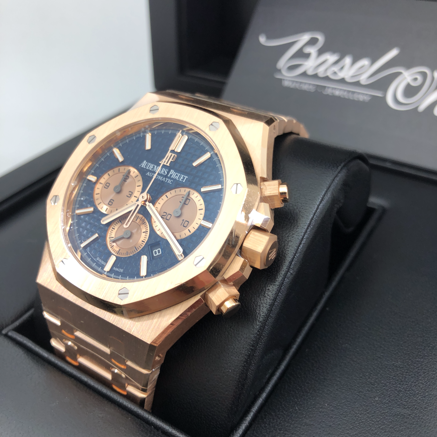 DISCONTIUED BRAND NEW AUDEMARS PIGUET 26331OR BLUE FULL ROSE GOLD STRAP ROYAL OAK SELFWINDING CHRONOGRAPH 41mm