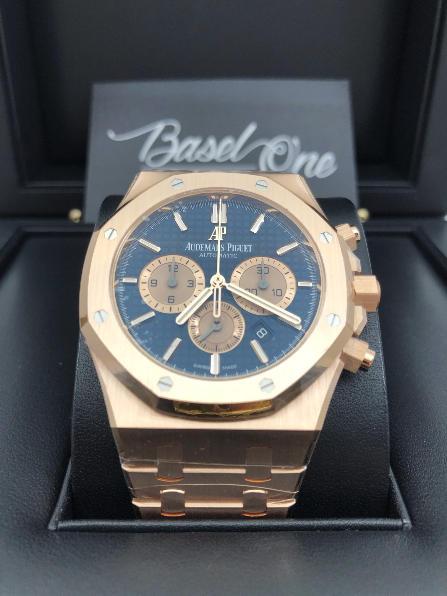 DISCONTIUED BRAND NEW AUDEMARS PIGUET 26331OR BLUE FULL ROSE GOLD STRAP ROYAL OAK SELFWINDING CHRONOGRAPH 41mm