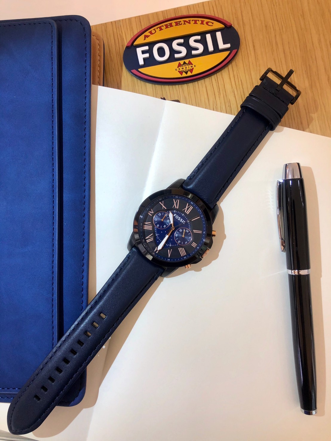 【FOSSIL】  三眼藍色皮帶腕錶  FS50611E 44mm 現代鐘錶