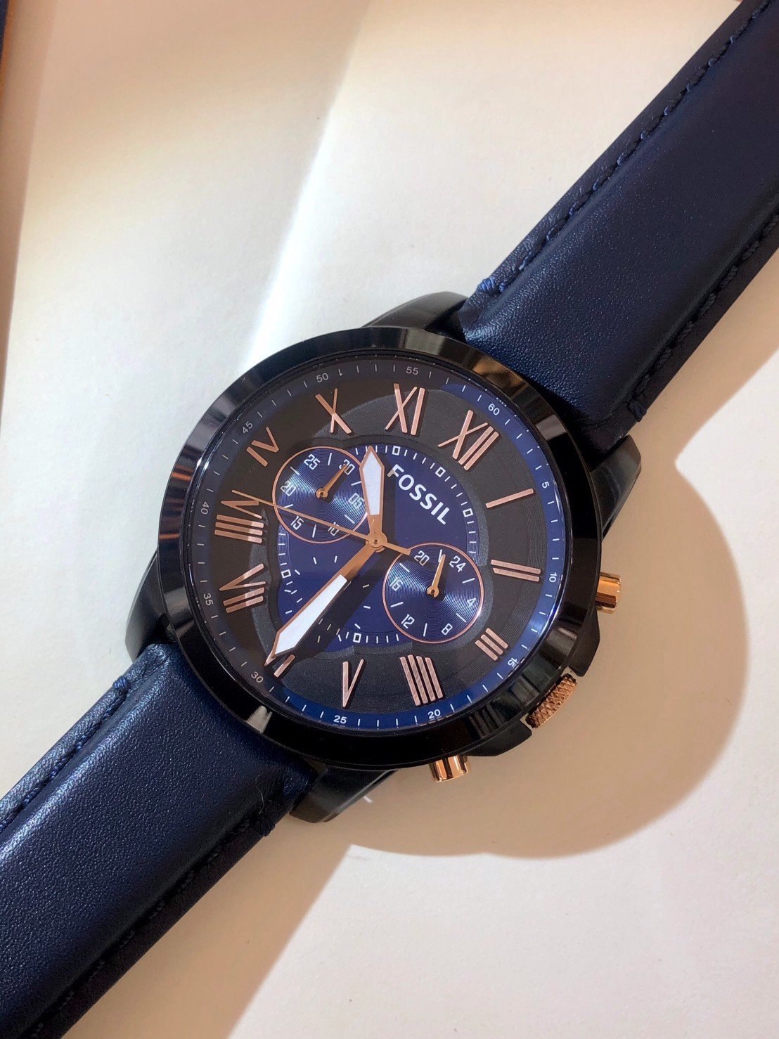 【FOSSIL】  三眼藍色皮帶腕錶  FS50611E 44mm 現代鐘錶