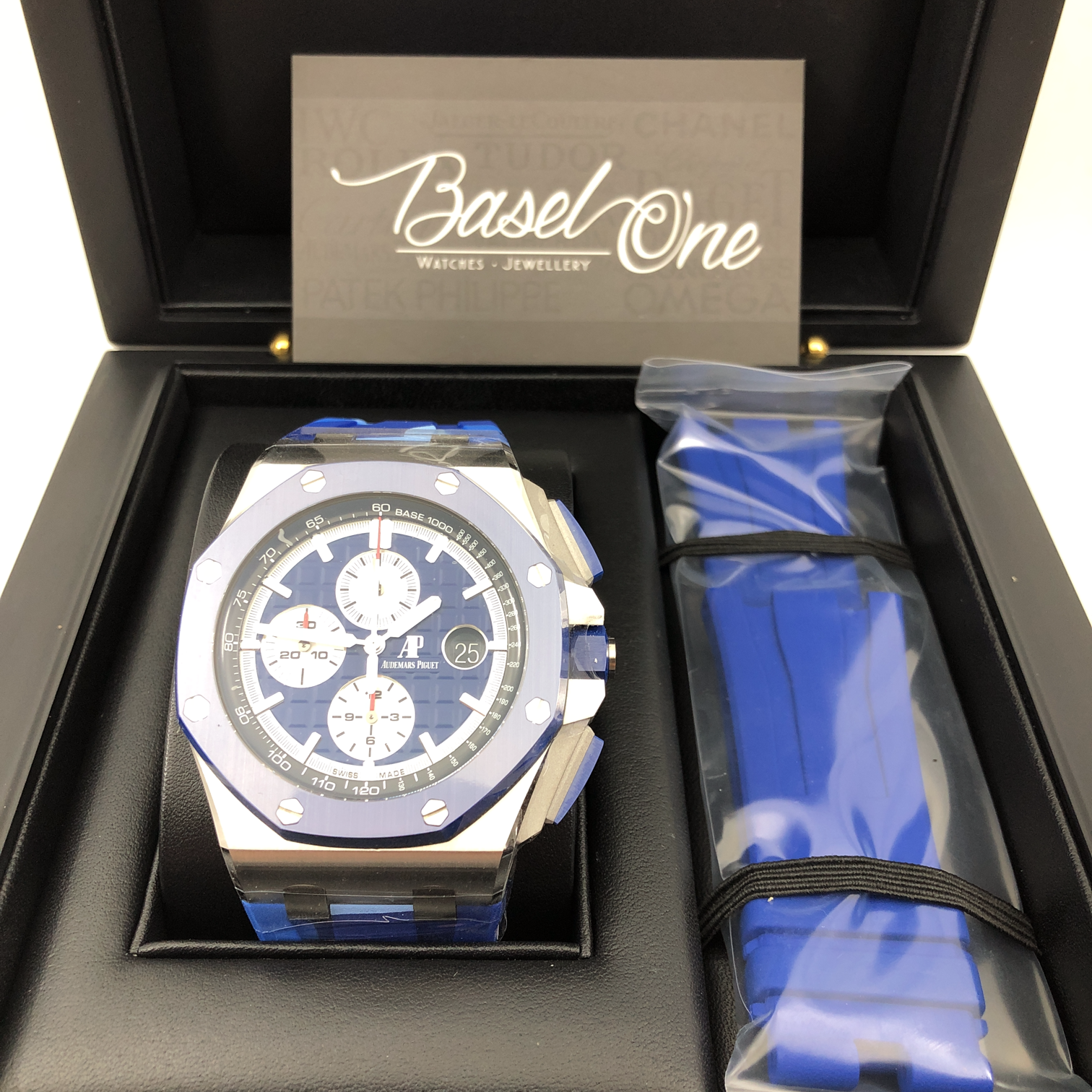 Discontinued BRAND NEW AUDEMARS PIGUET 26400so MARINE BLUE ROYAL OAK OFFSHORE CHRONOGRAPH ARMY BLUE STRAP WITH EXTRA OIGIONAL BLUE RUBBER STRAP 44MM