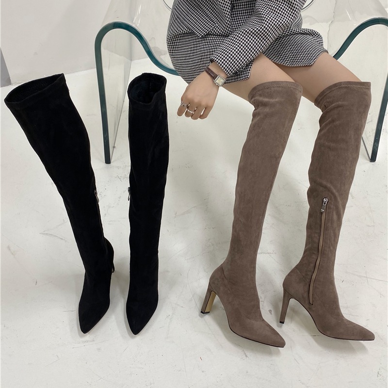 有大尺碼_麂皮一字粗跟膝上靴 (卡其/黑) (35-42)
