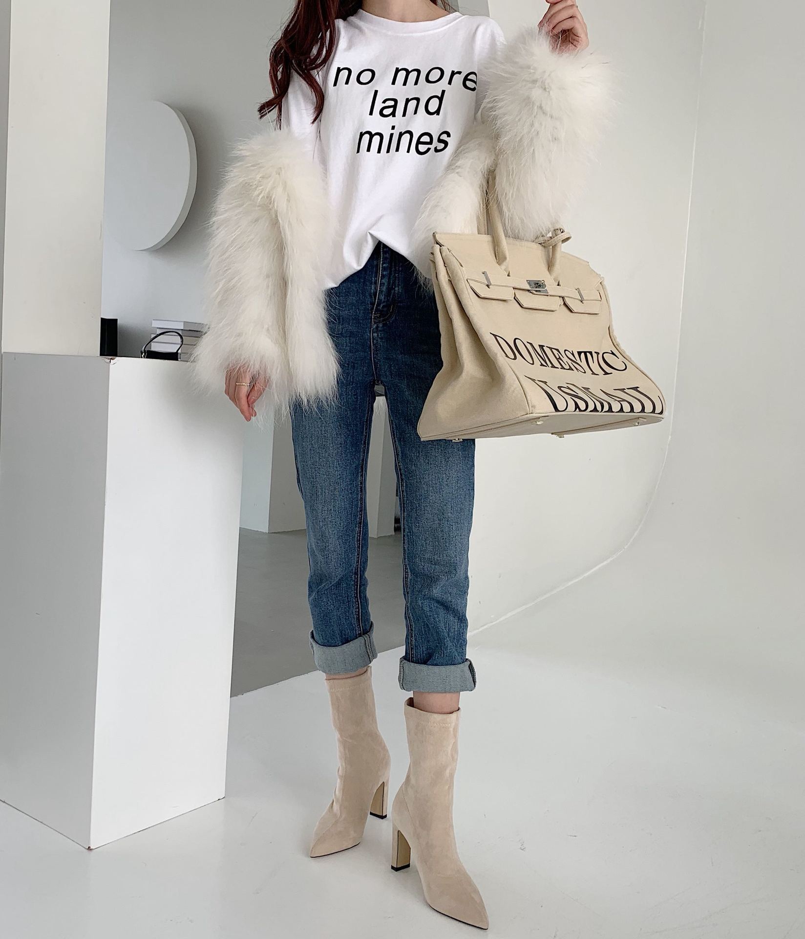 麂皮一字粗跟襪靴 (黑/杏) (34-40)