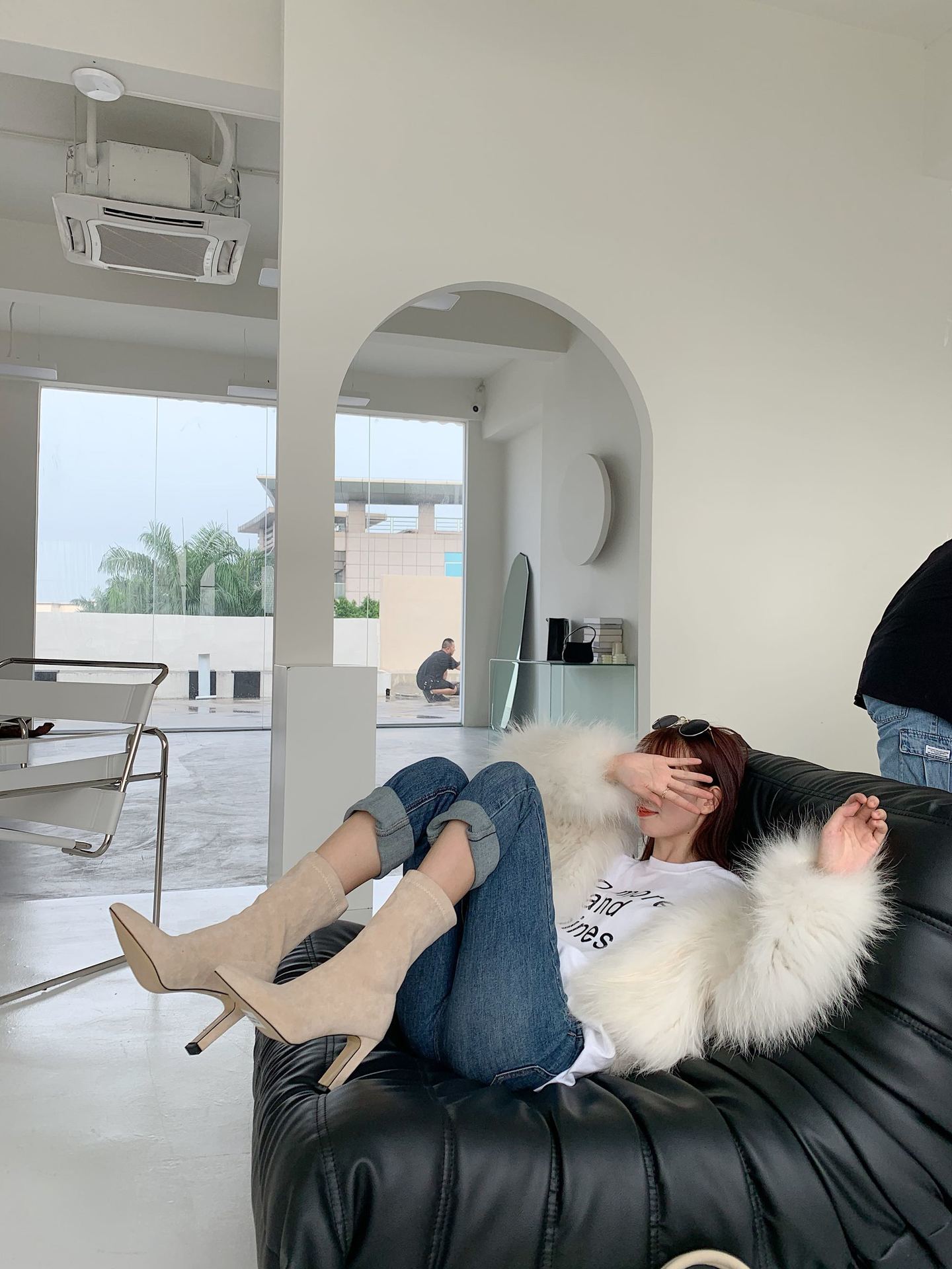 麂皮一字粗跟襪靴 (黑/杏) (34-40)