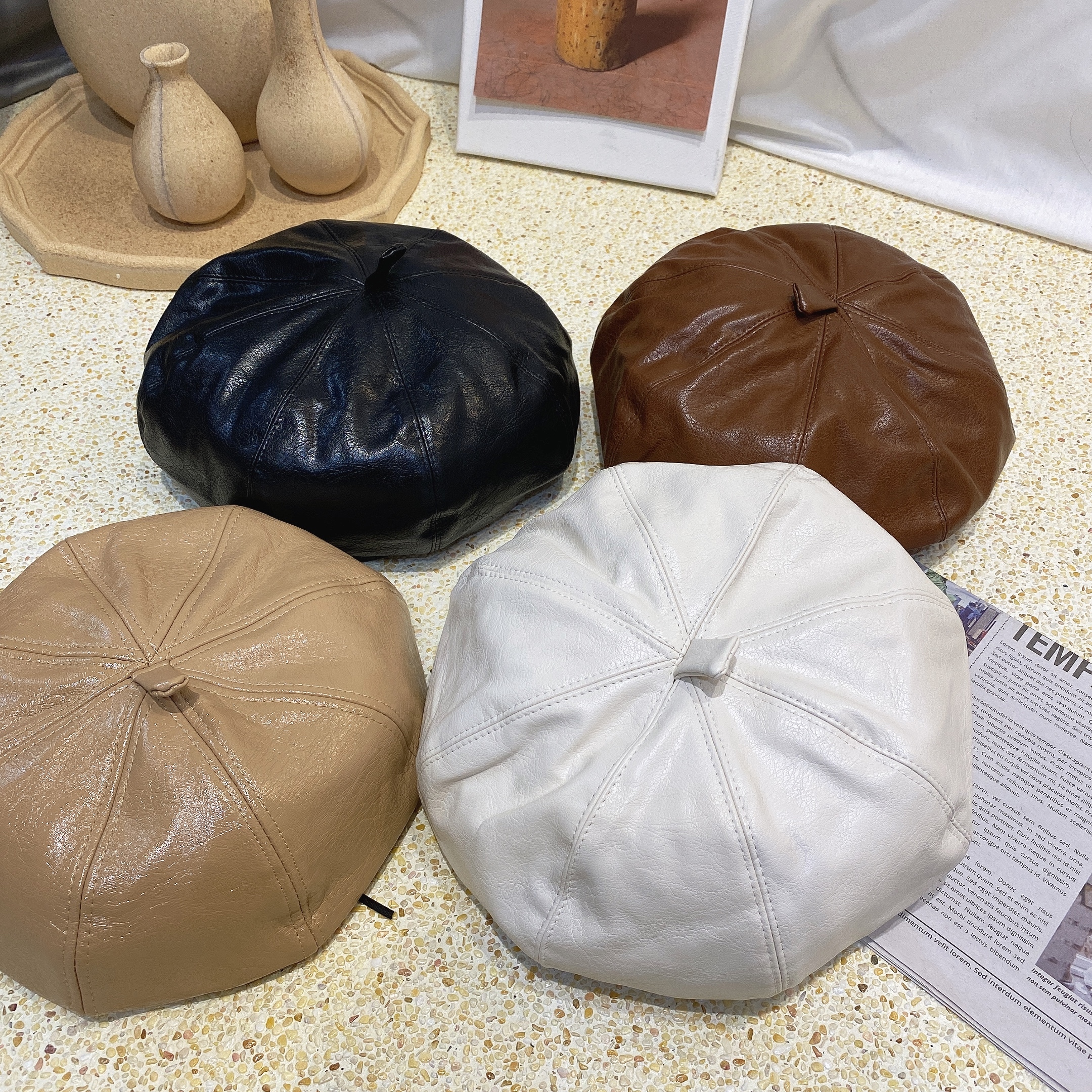 皮革八片貝雷帽/四色