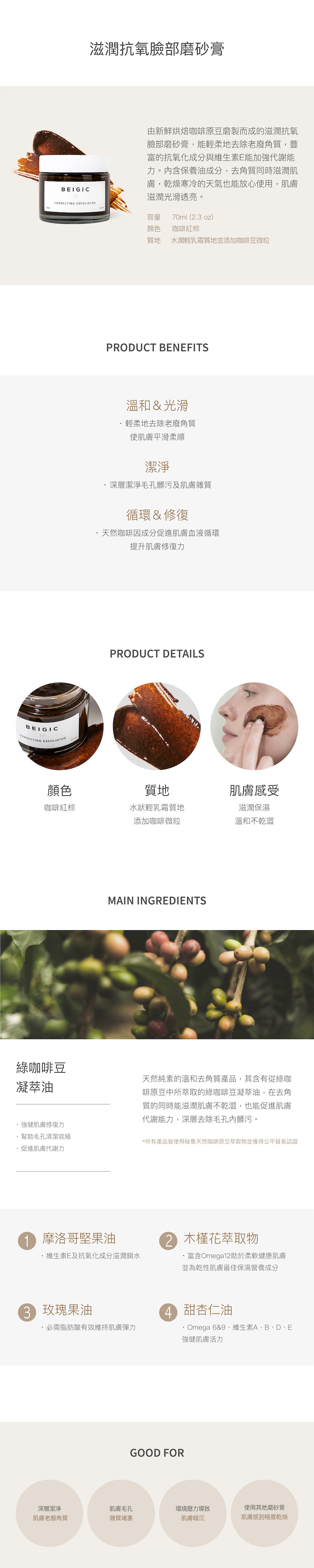beigic咖啡滋潤抗氧臉部磨砂膏介紹
