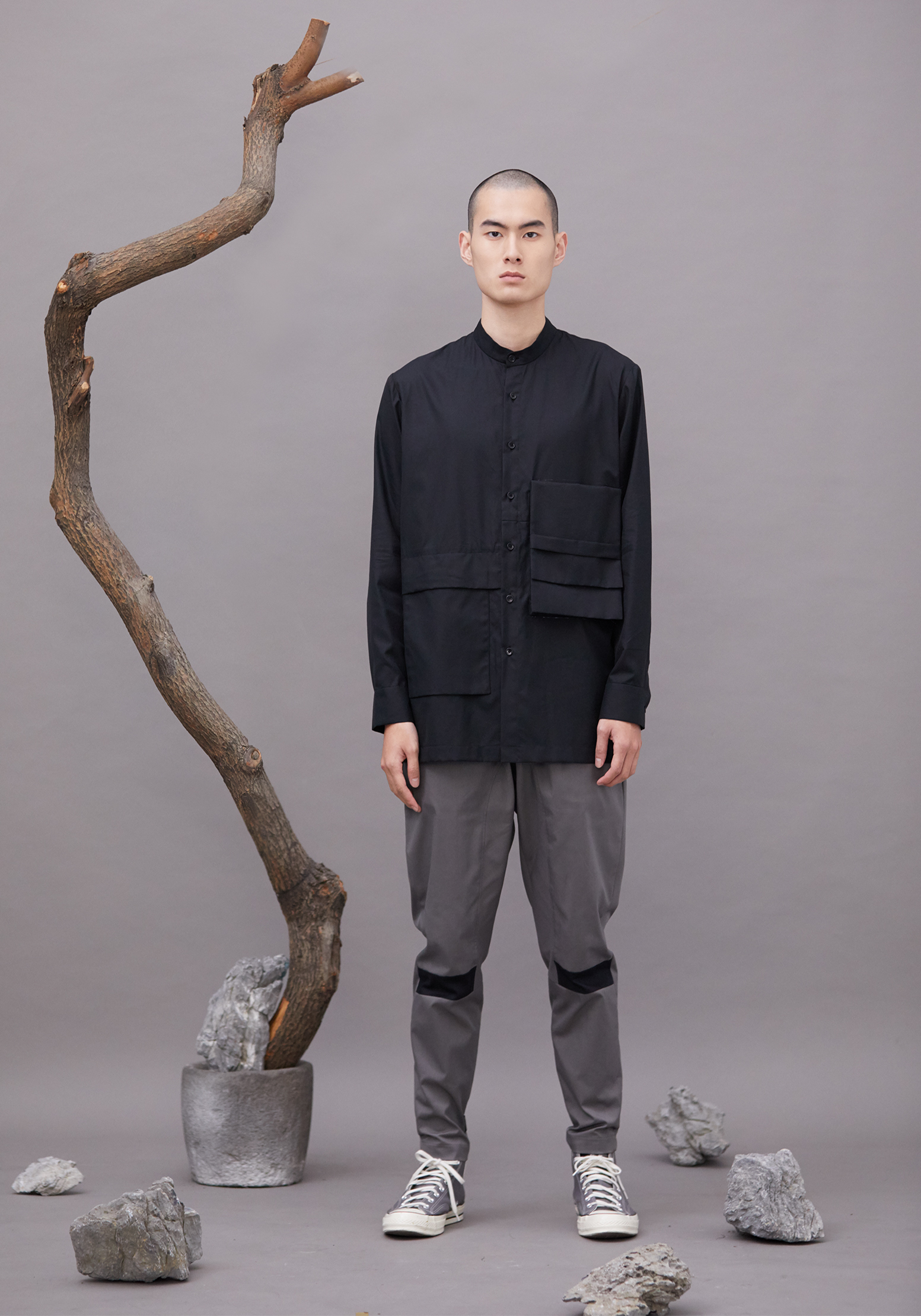 立體口袋長襯衫 - 黑