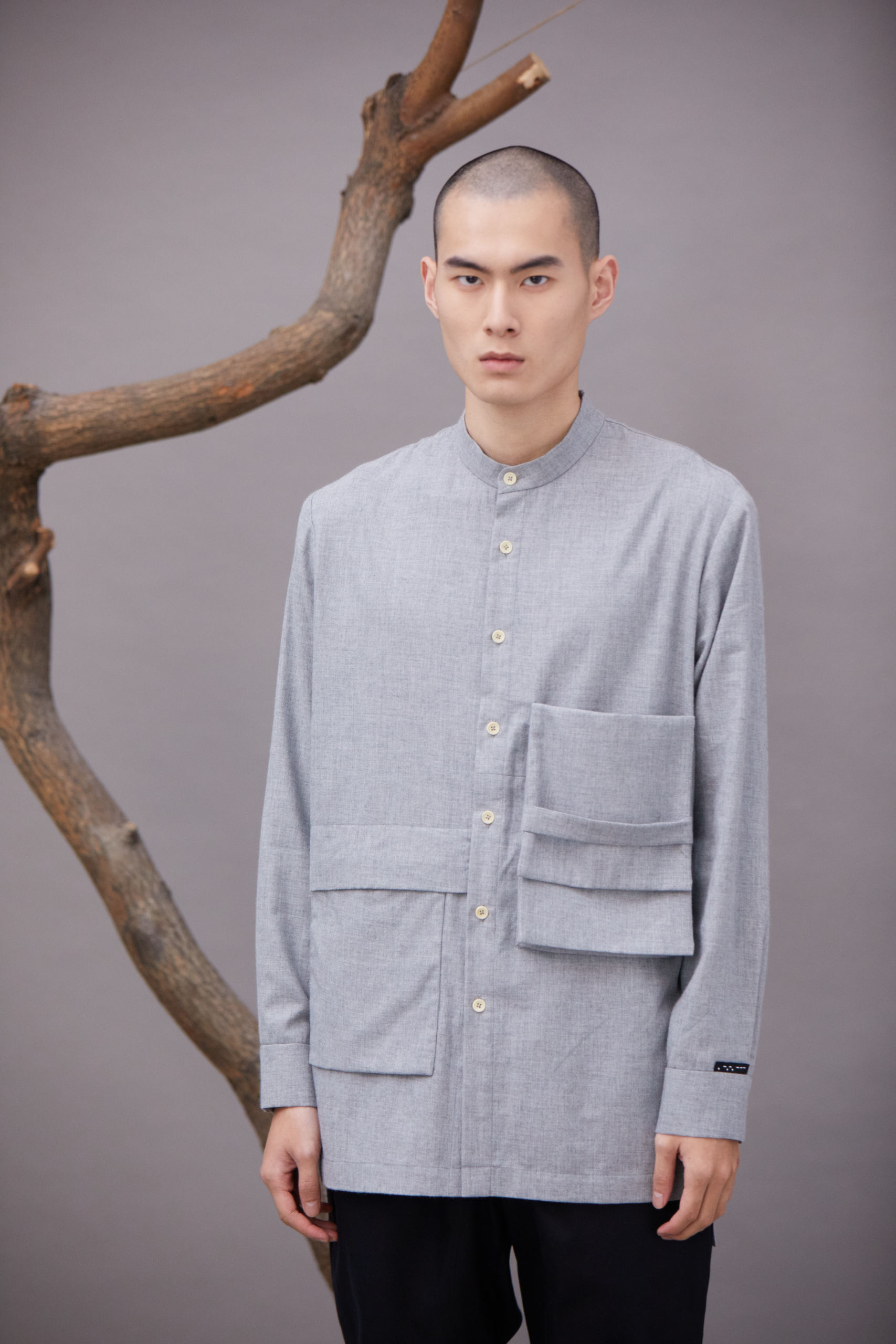 立體口袋長襯衫 - 灰
