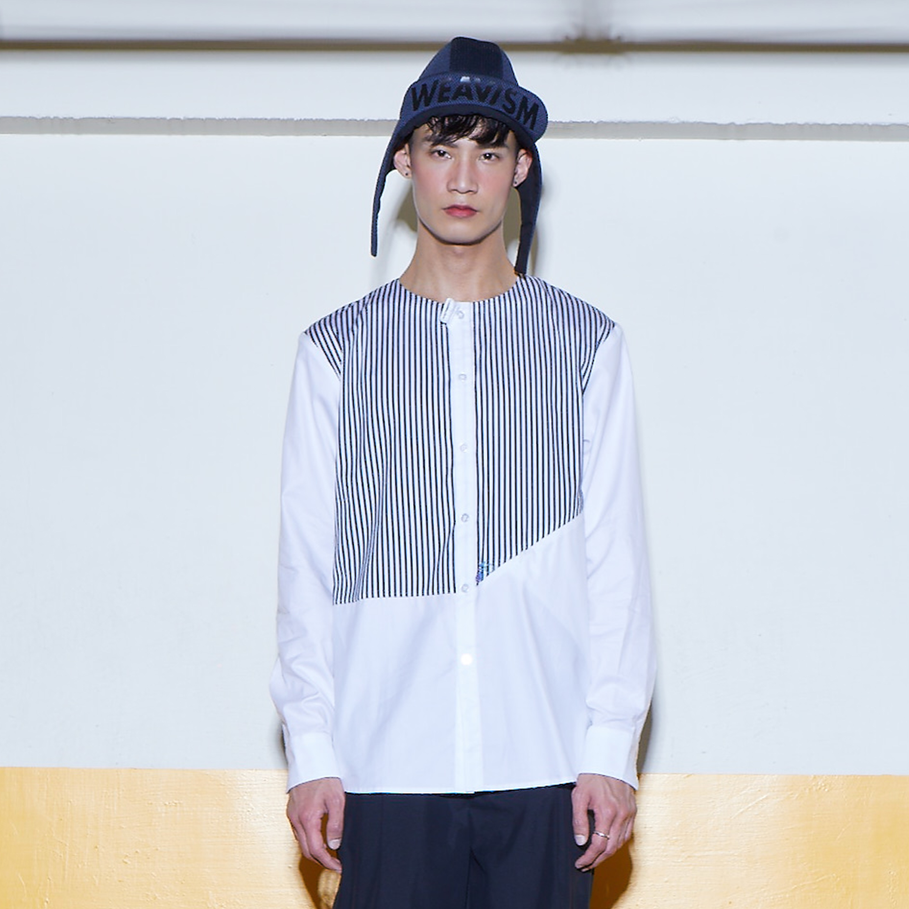 小人物 - 無領條紋拼接襯衫 (黑白條)