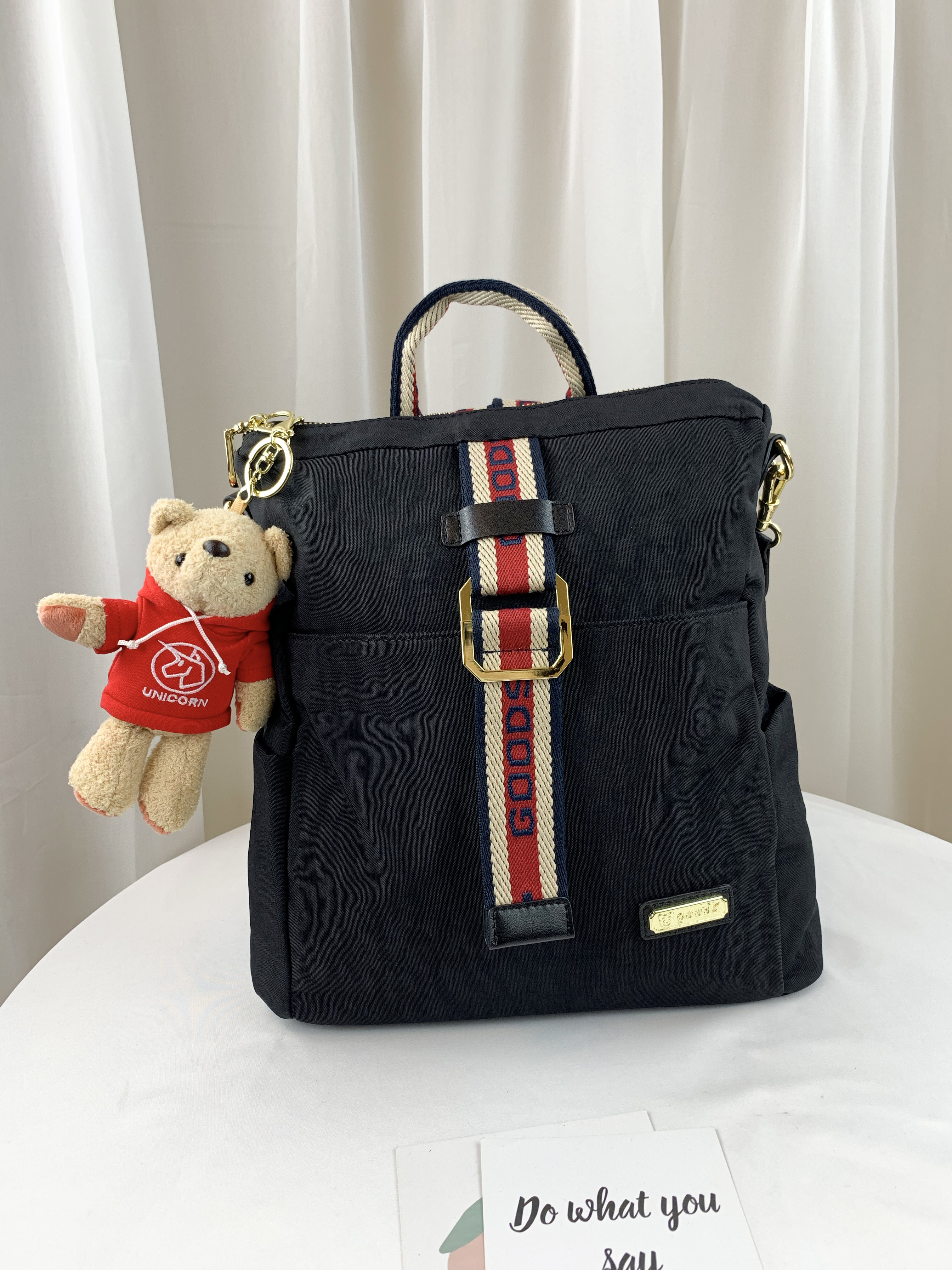 GOODS 織帶黑 水洗運動風後背包 附吊飾 #2704