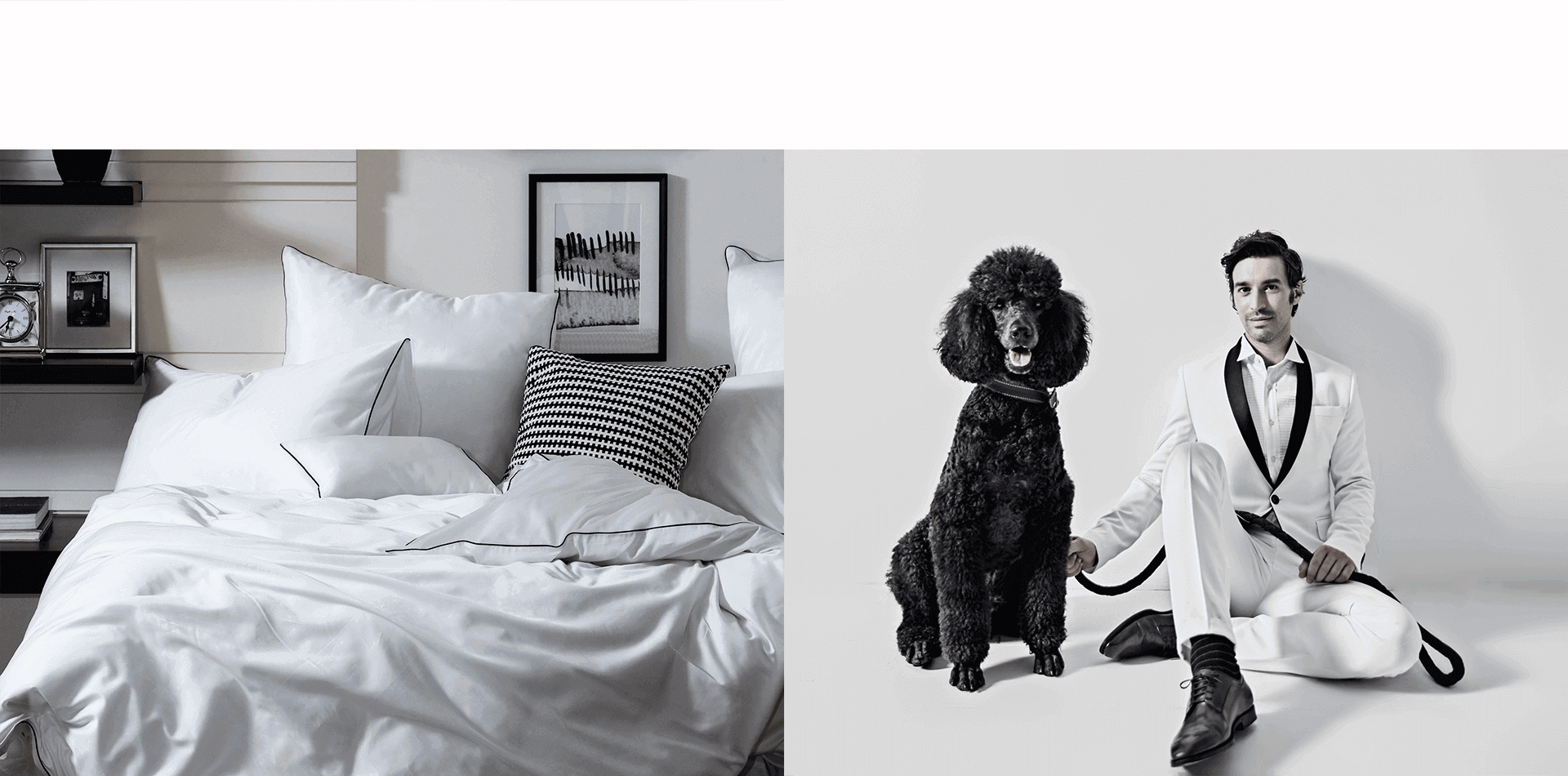 純白寢具以黑色滾邊勾勒出簡約線條,對照白色西裝及大型黑貴賓,強烈的顏色對照傳達摩登感