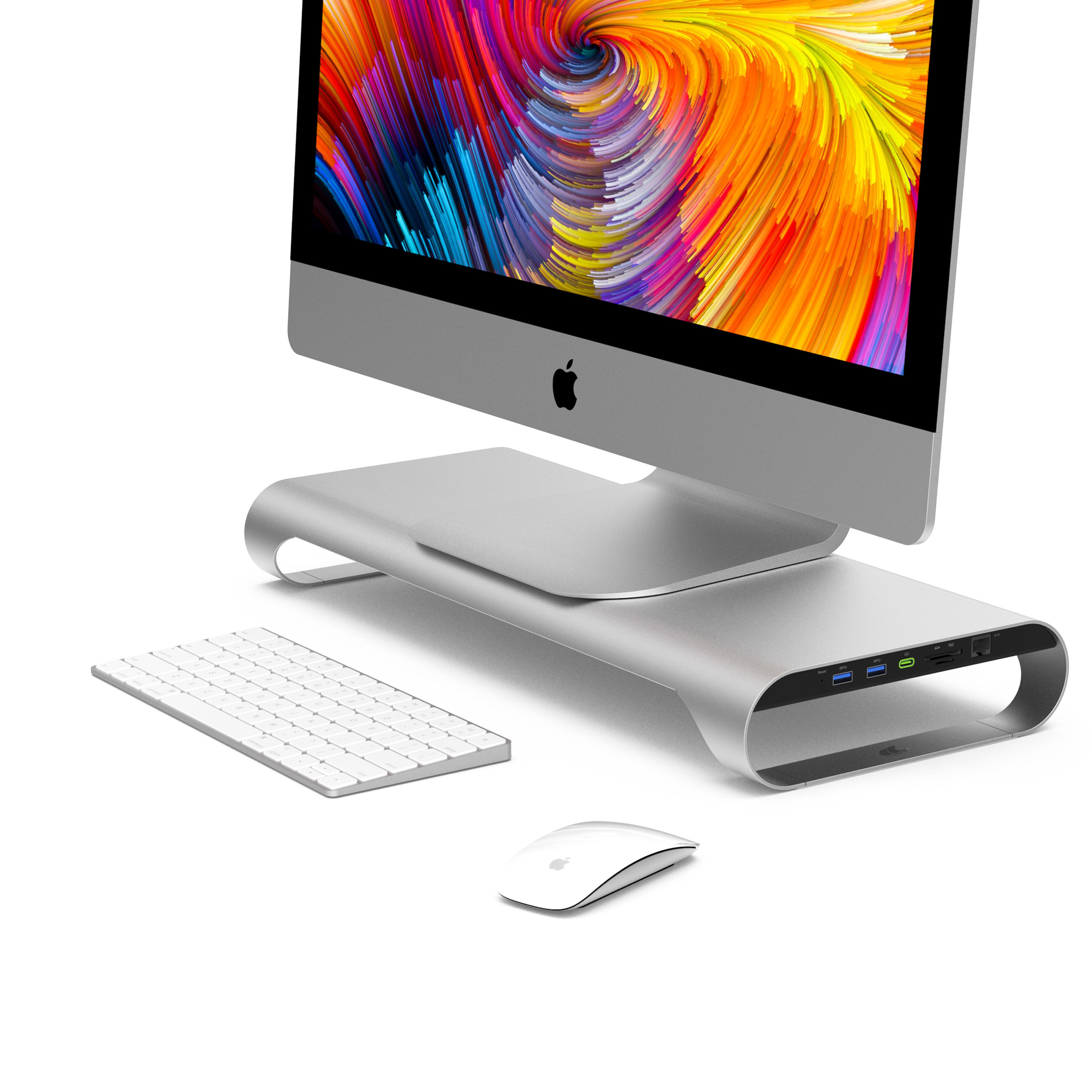 ProBASE X 鋁製 USB多功能螢幕架/筆電架(全新18W QC/PD充電埠支援iPhone快充、USB3.0端口x2．SD/MicroSD讀卡機、Gigabytes Ethernet網路口) #北歐銀