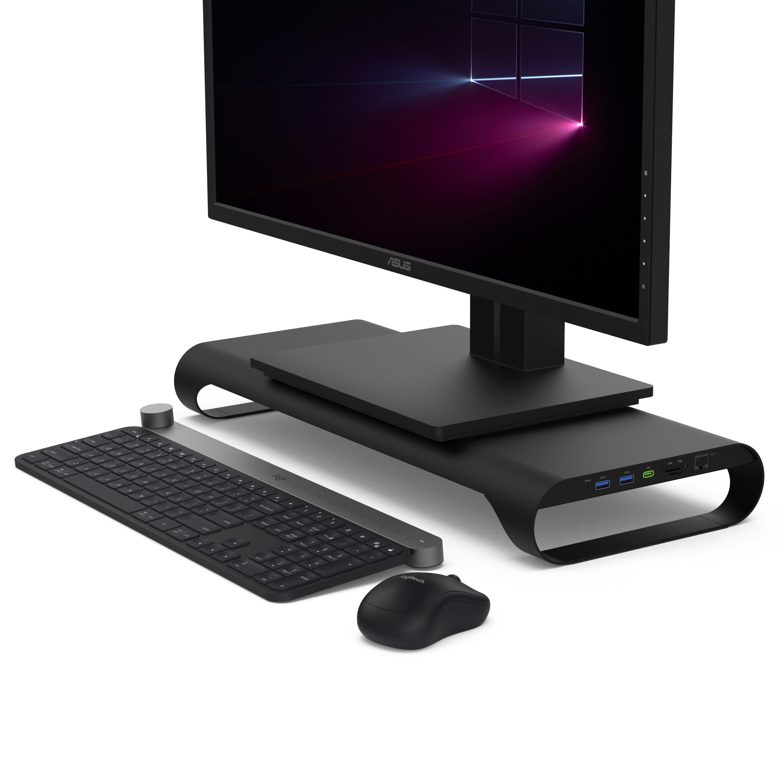 ProBASE X 鋁製 USB多功能螢幕架/筆電架(全新18W QC/PD充電埠支援iPhone快充、USB3.0端口x2．SD/MicroSD讀卡機、Gigabytes Ethernet網路口) #極黑版