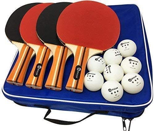 Pro Table Tennis Ping Pong Paddle Set 4 Wooden Paddles 8 Balls and Carrying Bag 