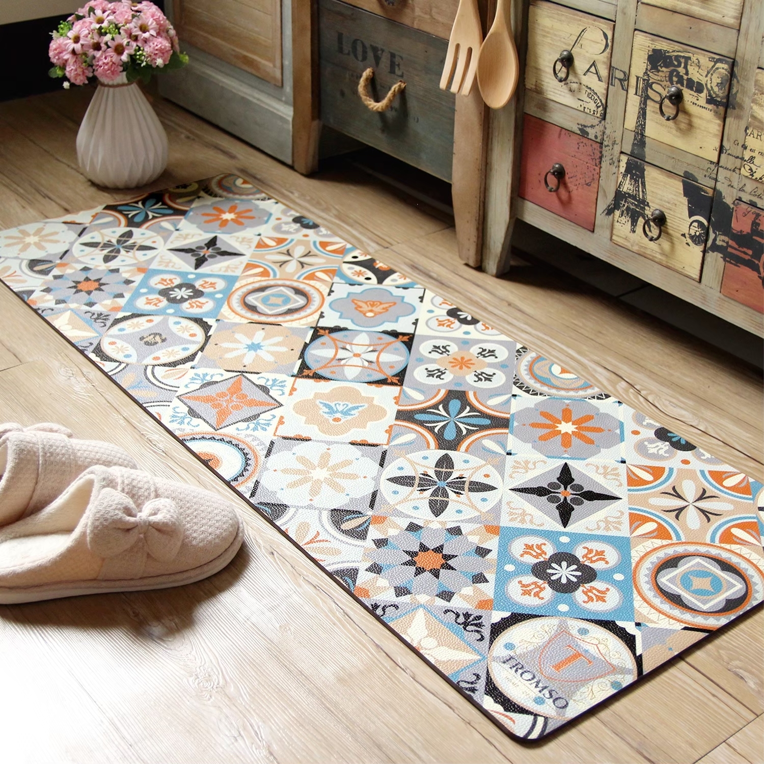 廚房防油皮革地墊-K328古典花磚