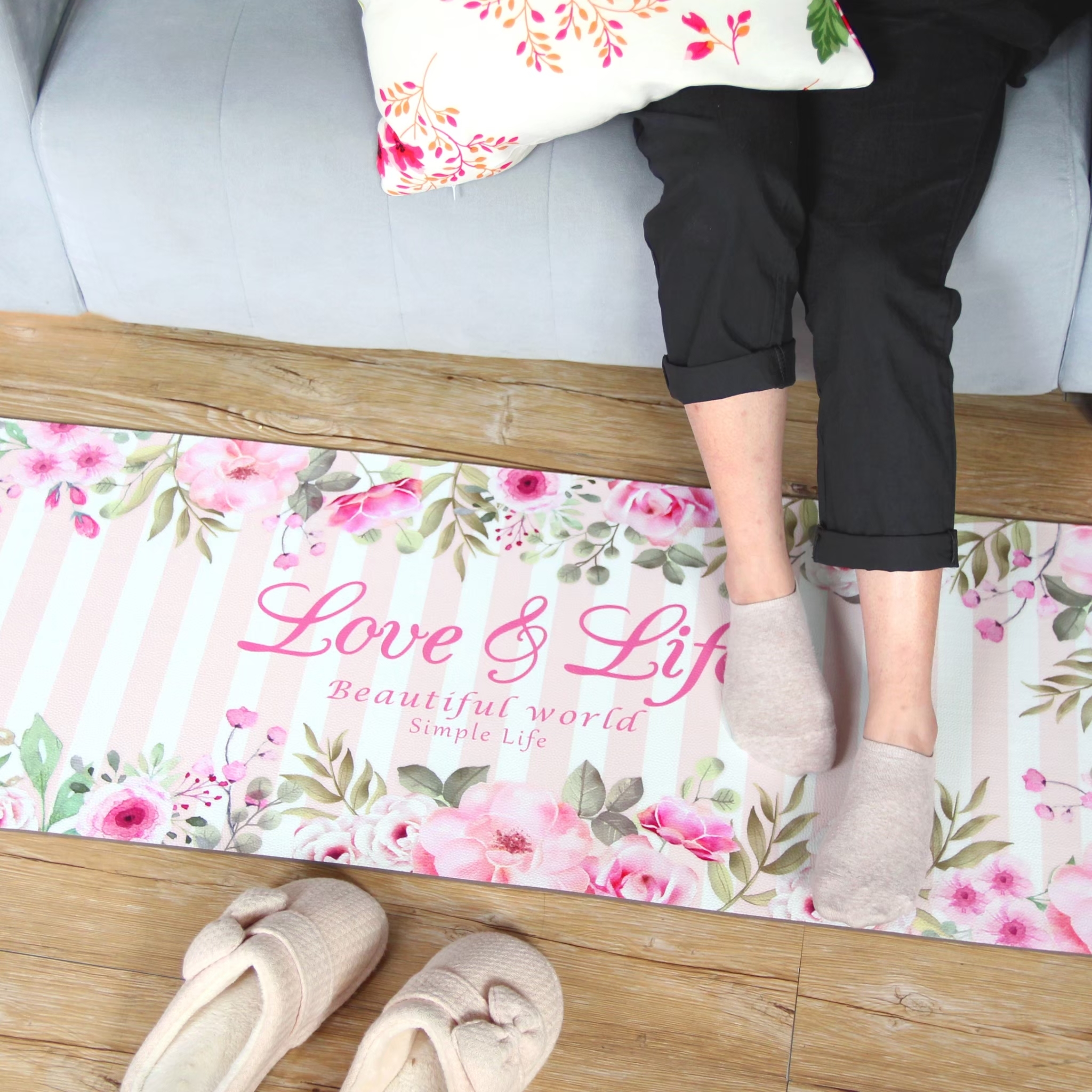 廚房防油皮革地墊-K329粉境花鄉