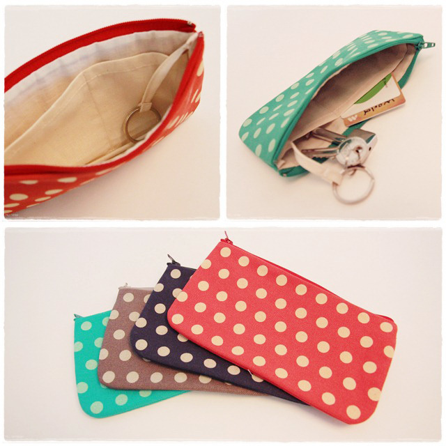 水玉點點拉鍊帆布小物包 湖綠