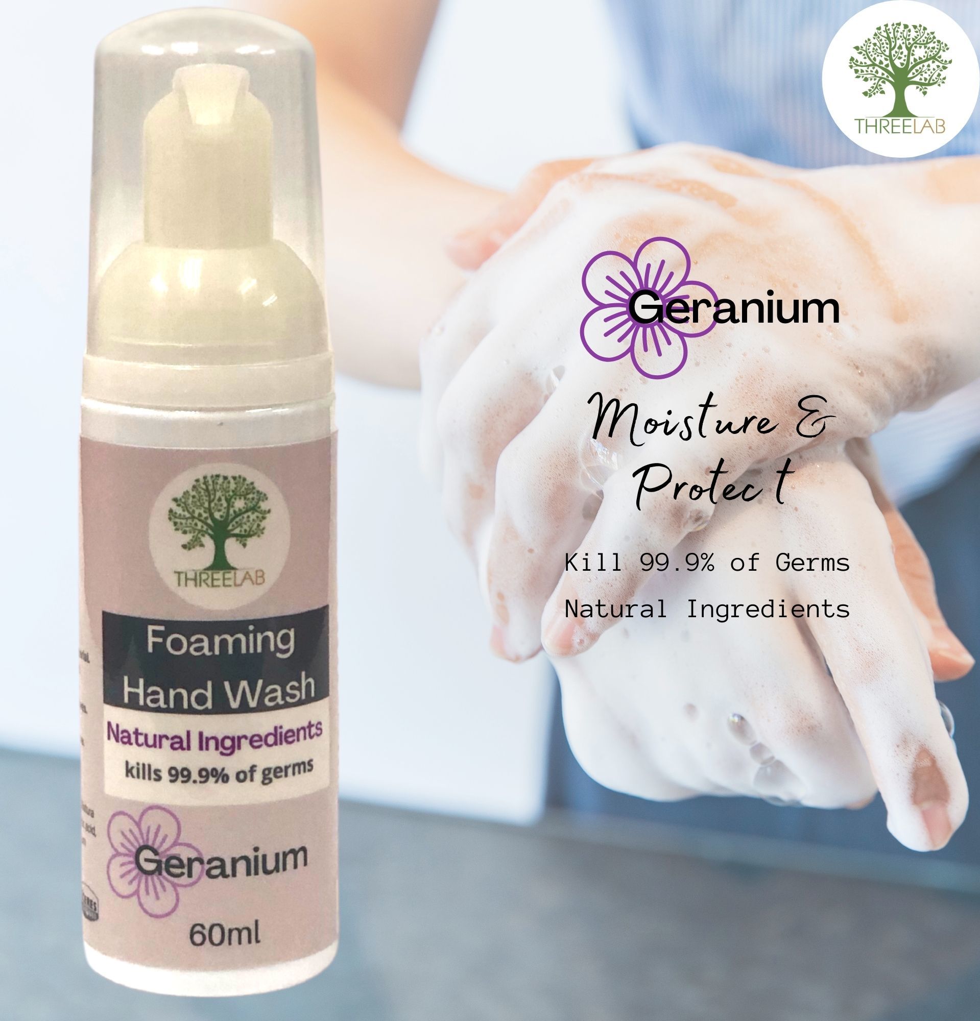 Threelab Anti Bacterial Foaming Hand Wash Geranium 60ml- Pocket Size