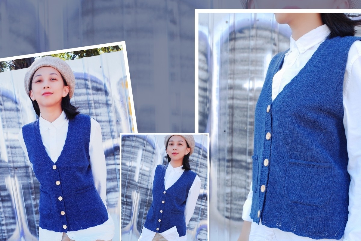 O-LIWAY 藍色開襟針織背心搭配襯衫的率性休閒穿搭